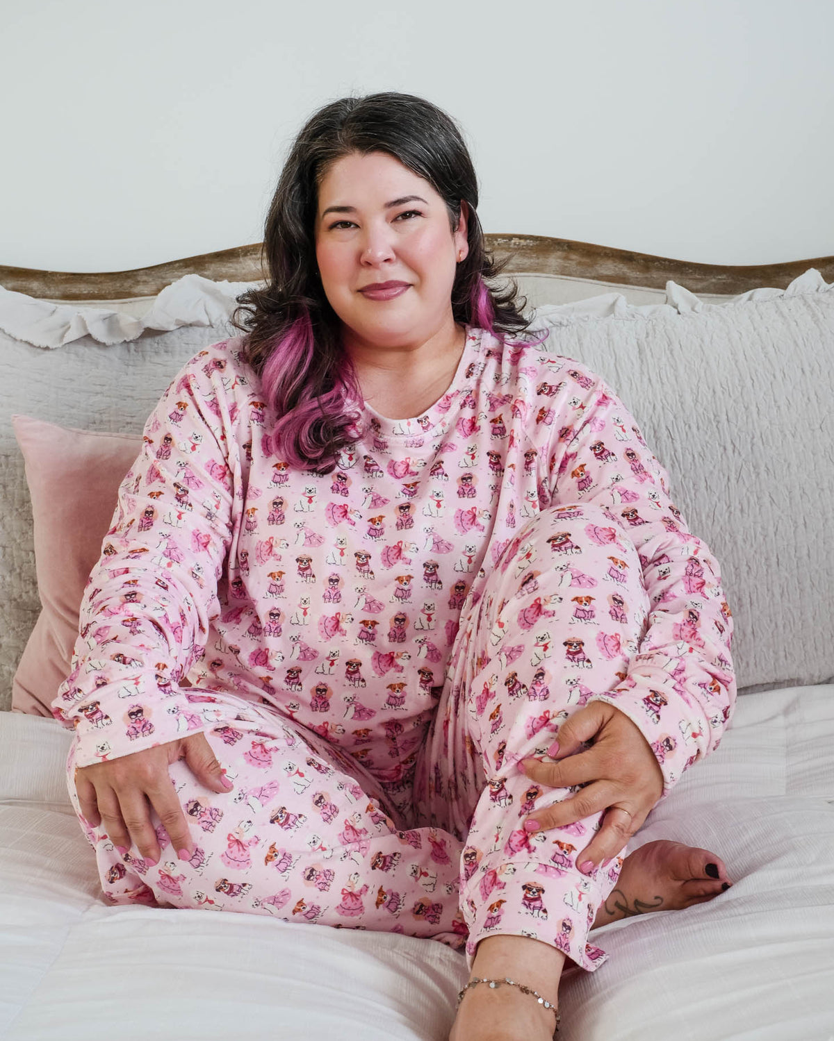 Miranda Nic Chic Puppies Pink Velour PJ Set plus size lifestyle 3XL model — Cloud Nine Pajamas Edmonton