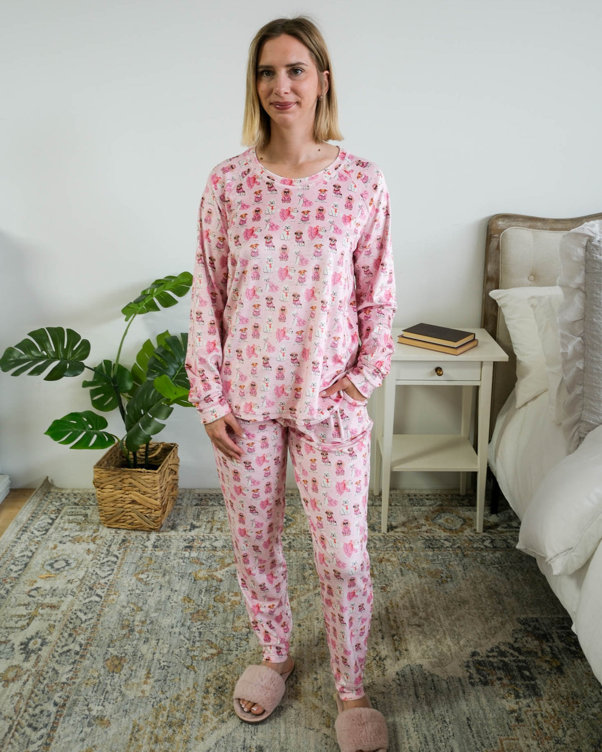 Miranda Nic Chic Puppies Pink Velour Jogger PJ Set full length front view — Cloud Nine Pajamas Edmonton