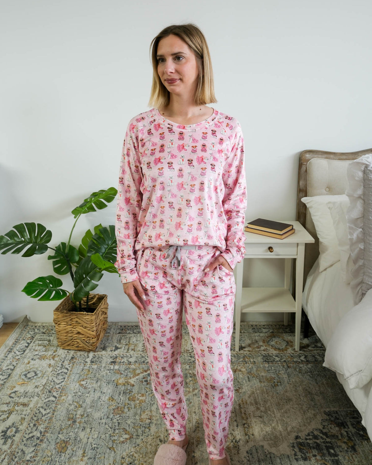 Miranda Nic Chic Puppies Pink Velour PJ Set full length showing pocket detail — Cloud Nine Pajamas Edmonton