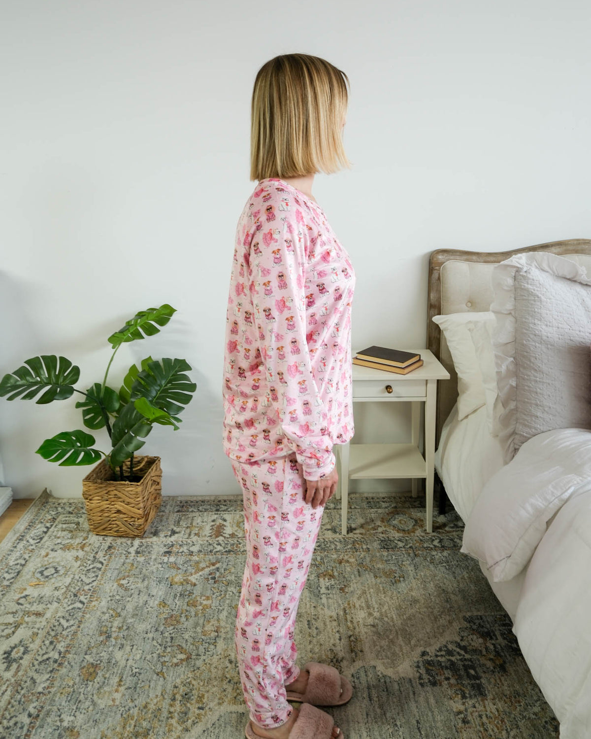 Miranda Nic Chic Puppies Pink Velour PJ Set side profile bedroom lifestyle — Cloud Nine Pajamas Edmonton