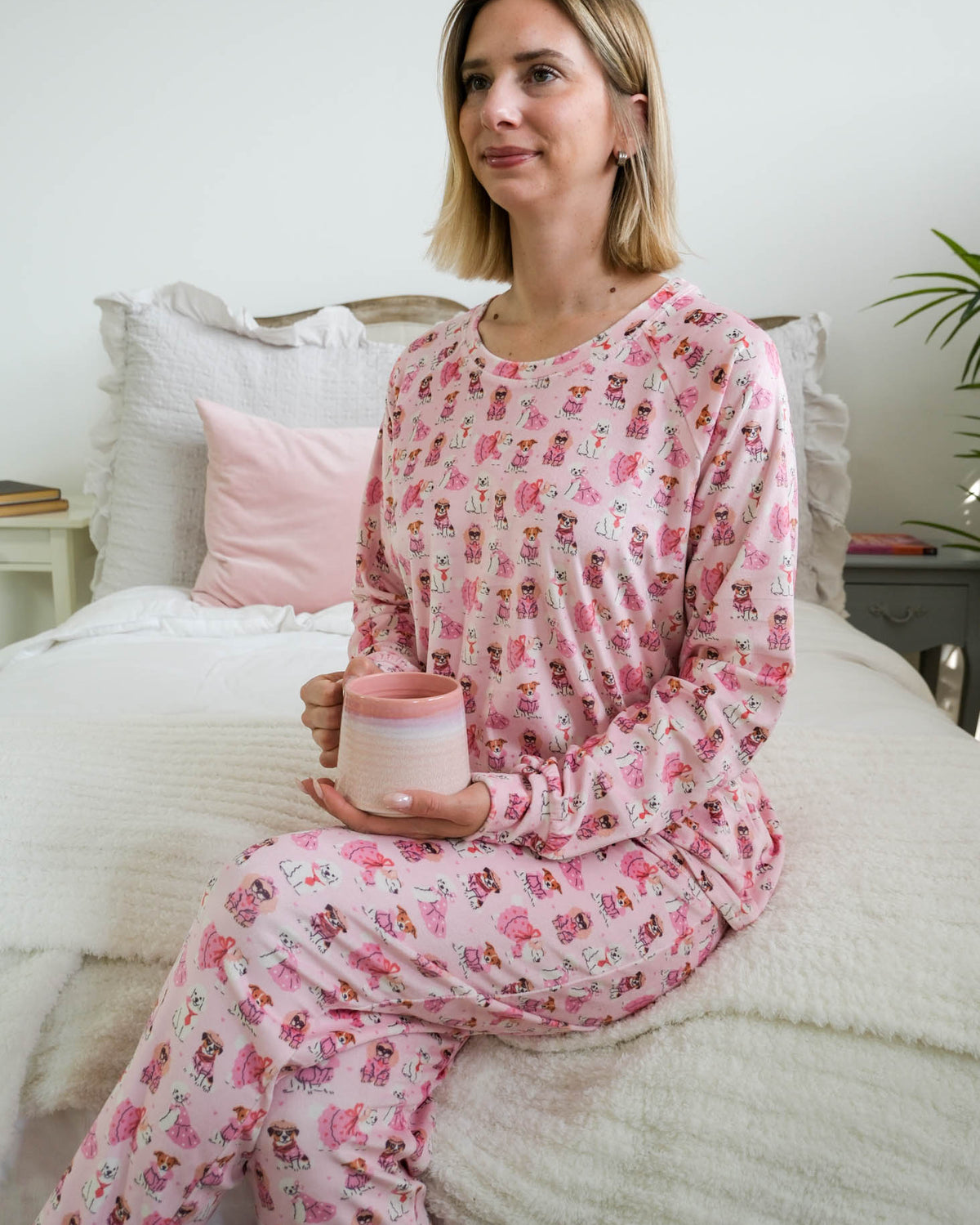 Miranda Nic Chic Puppies Pink Velour PJ Set lifestyle front view — Cloud Nine Pajamas Edmonton