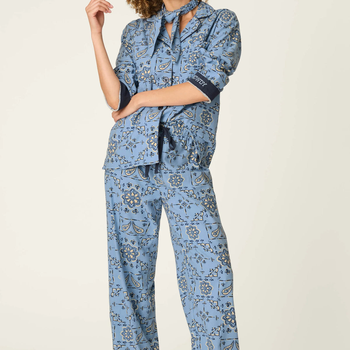 PJ Salvage Classic Paisley Bandana Flannel PJ Set front view on model — Cloud Nine Pajamas Edmonton