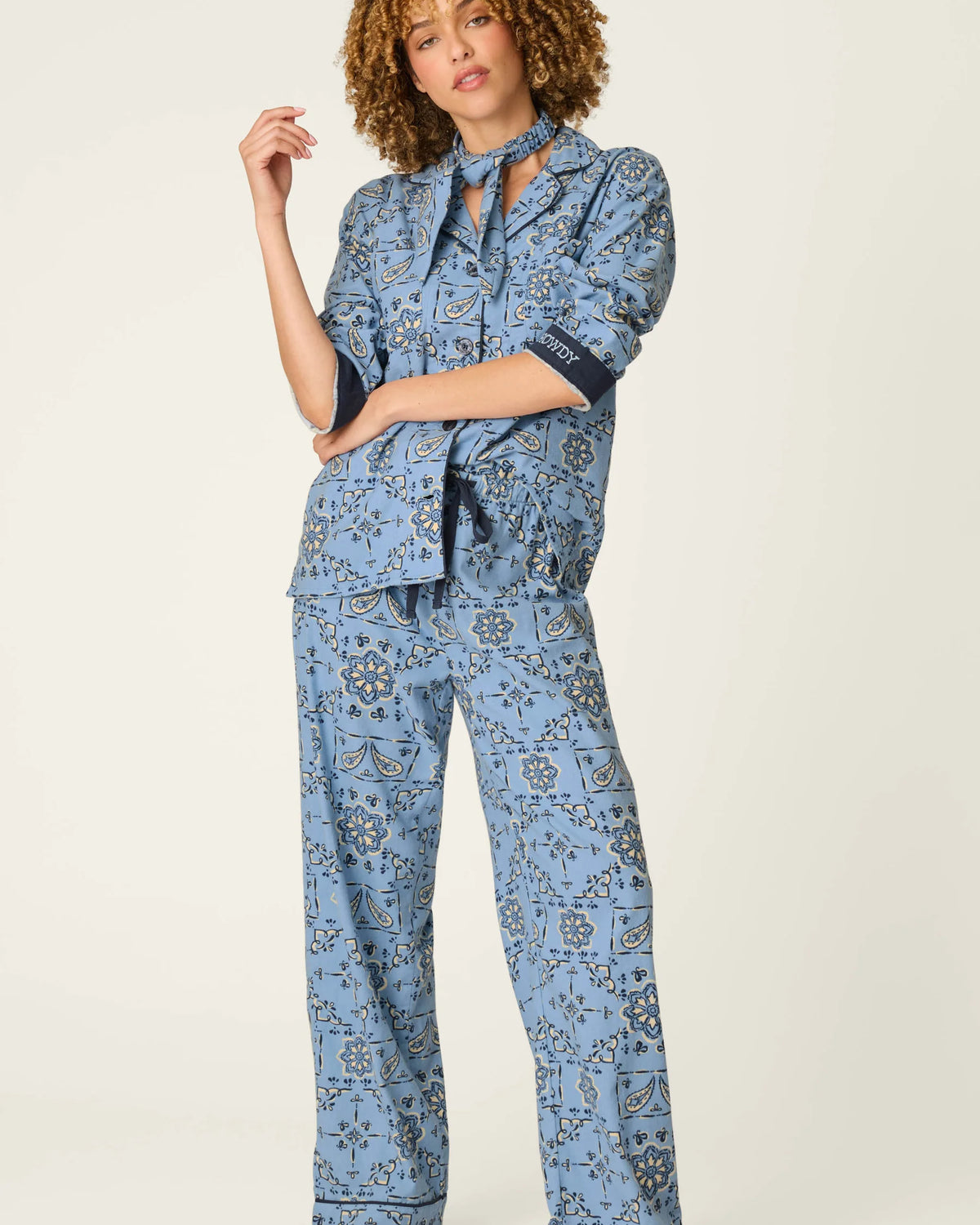 PJ Salvage Classic Paisley Bandana Flannel PJ Set front view on model — Cloud Nine Pajamas Edmonton