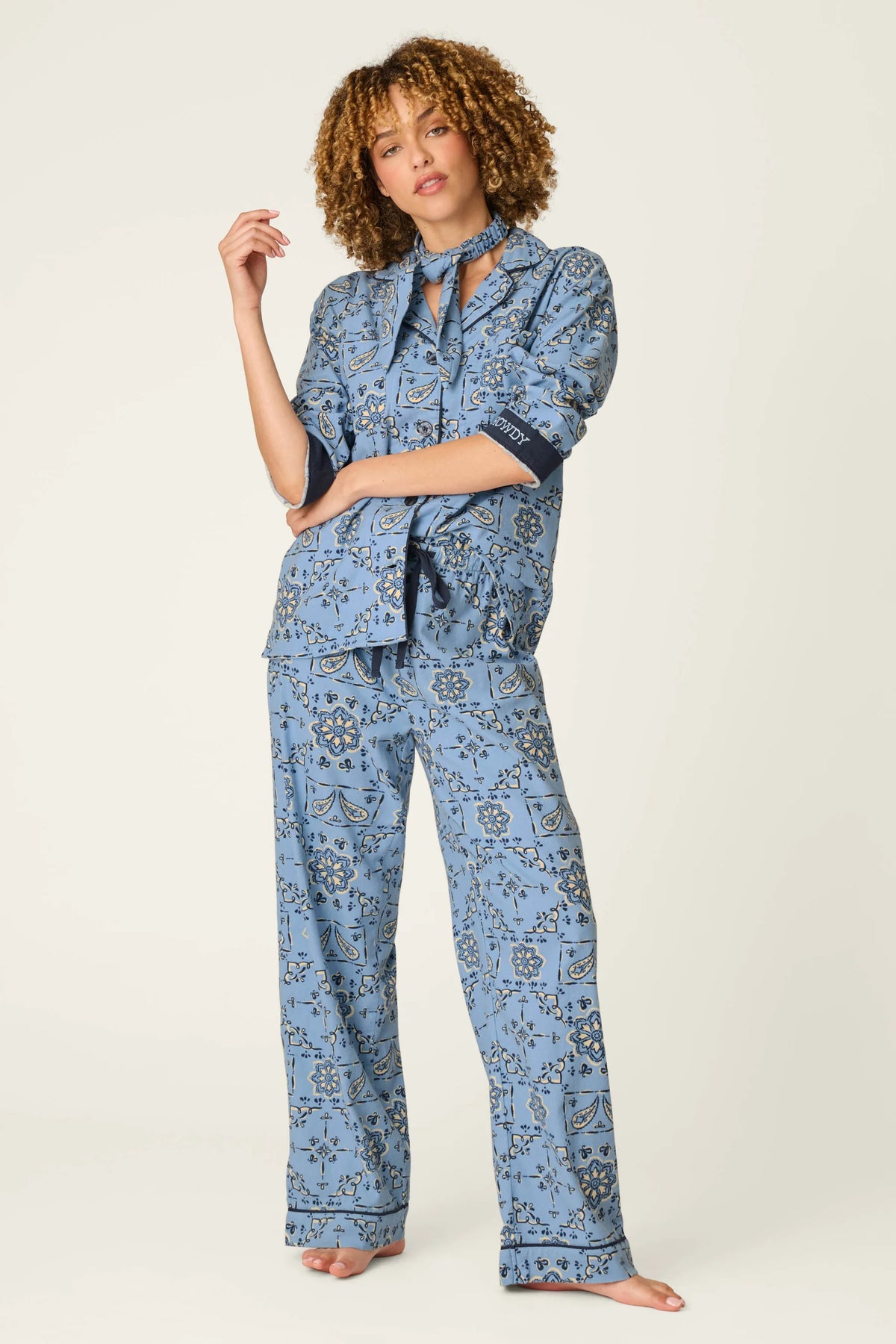 PJ Salvage Classic Paisley Bandana Flannel PJ Set front view on model — Cloud Nine Pajamas Edmonton