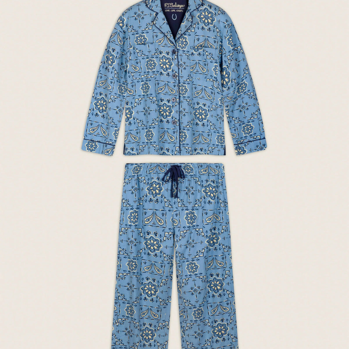 PJ Salvage Classic Paisley Bandana Flannel PJ Set full set layout with hair wrap — Cloud Nine Pajamas Edmonton