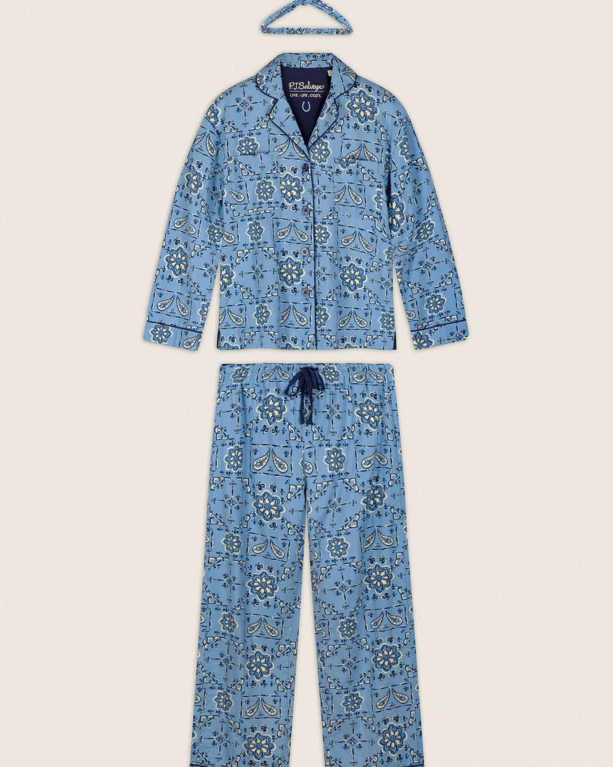 PJ Salvage Classic Paisley Bandana Flannel PJ Set full set layout with hair wrap — Cloud Nine Pajamas Edmonton