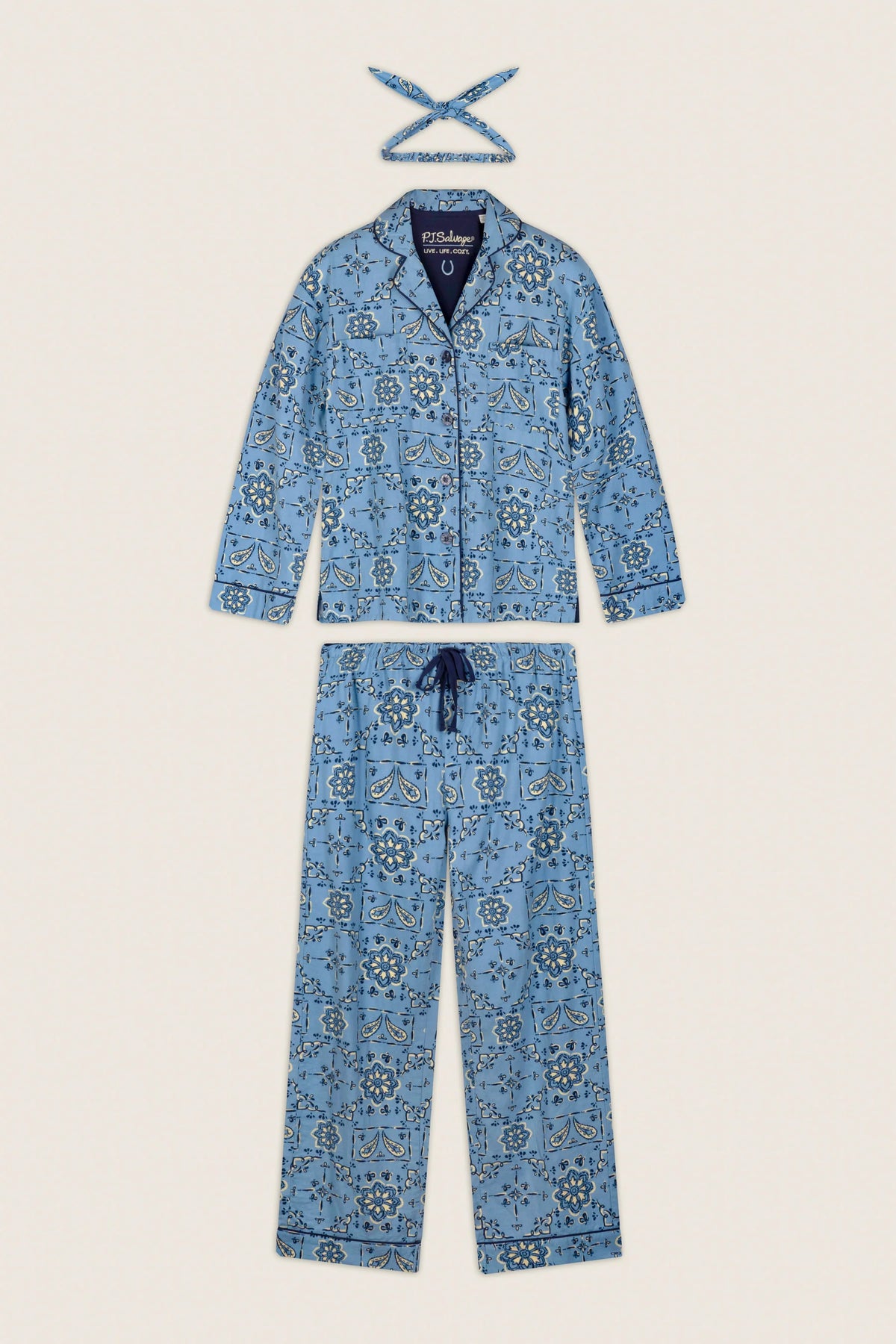 PJ Salvage Classic Paisley Bandana Flannel PJ Set full set layout with hair wrap — Cloud Nine Pajamas Edmonton