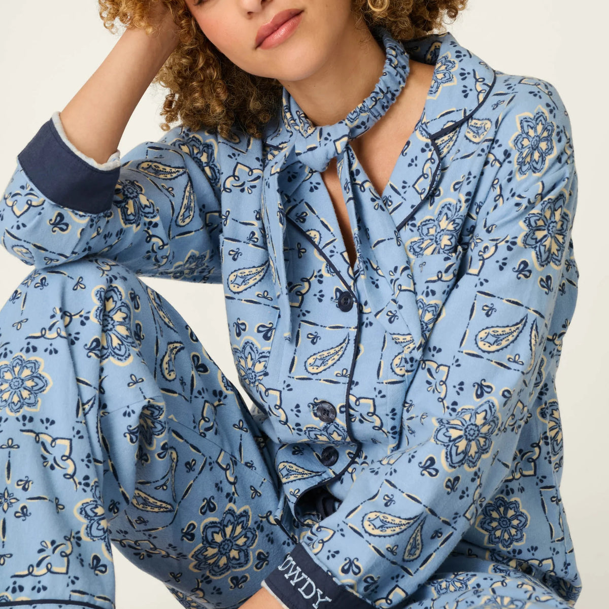 PJ Salvage Classic Paisley Bandana Flannel PJ Set model full length — Cloud Nine Pajamas Edmonton
