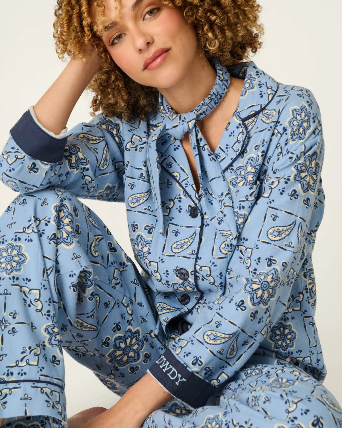 PJ Salvage Classic Paisley Bandana Flannel PJ Set model full length — Cloud Nine Pajamas Edmonton