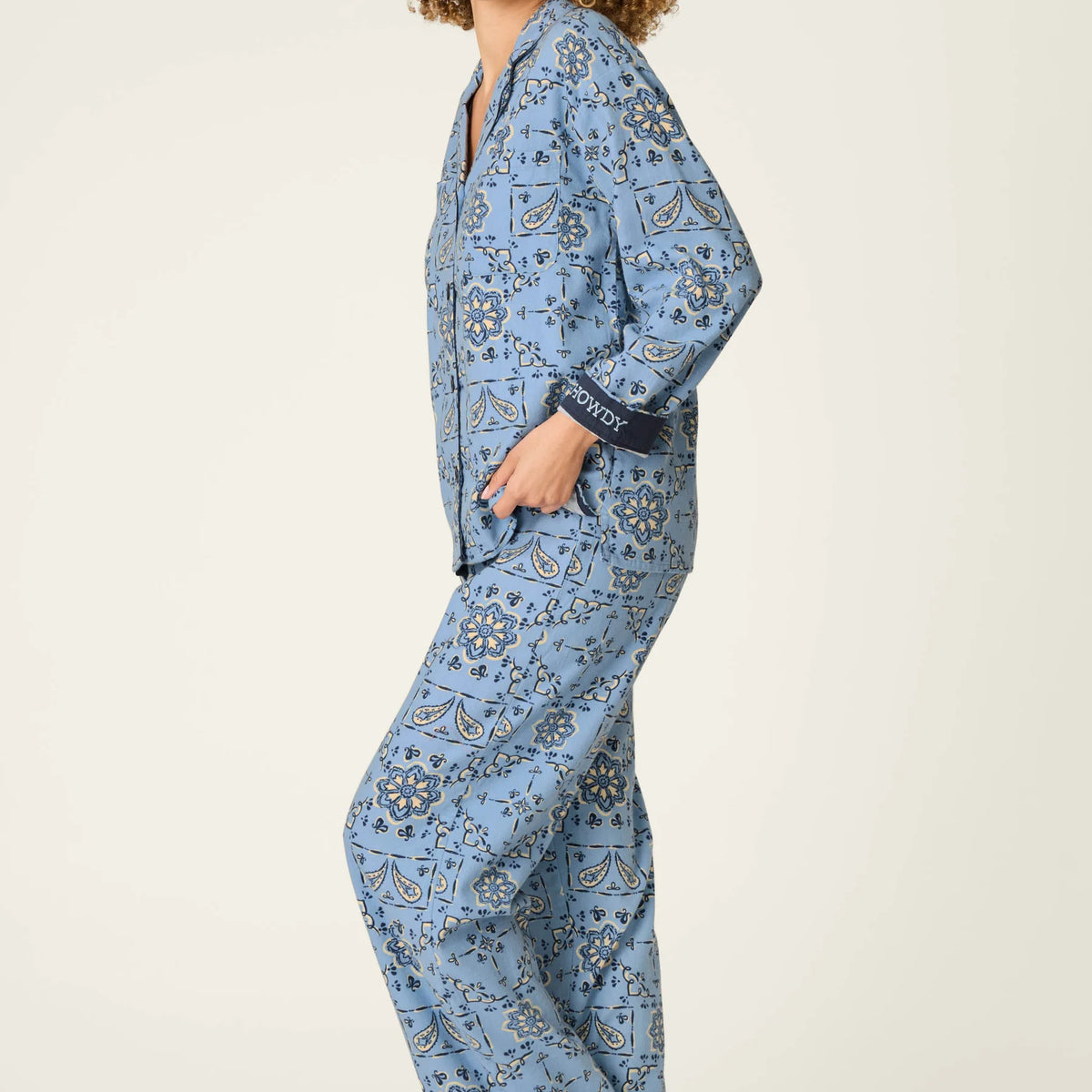 PJ Salvage Classic Paisley Bandana Flannel PJ Set model side view — Cloud Nine Pajamas Edmonton