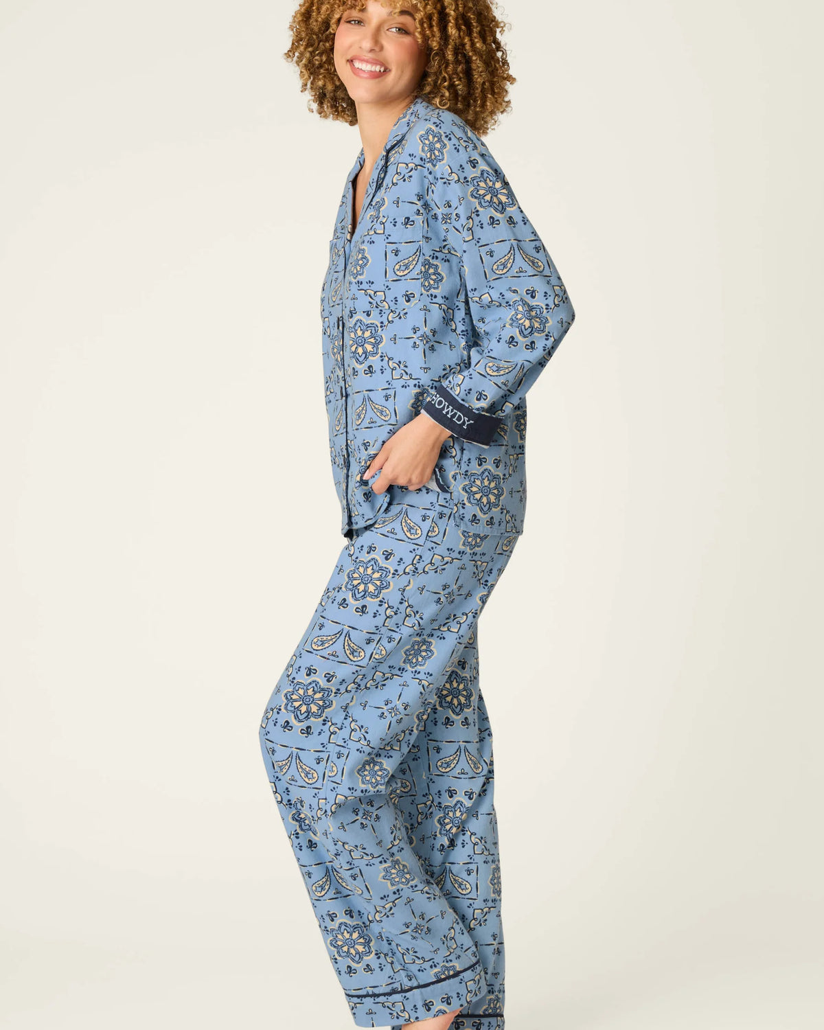 PJ Salvage Classic Paisley Bandana Flannel PJ Set model side view — Cloud Nine Pajamas Edmonton