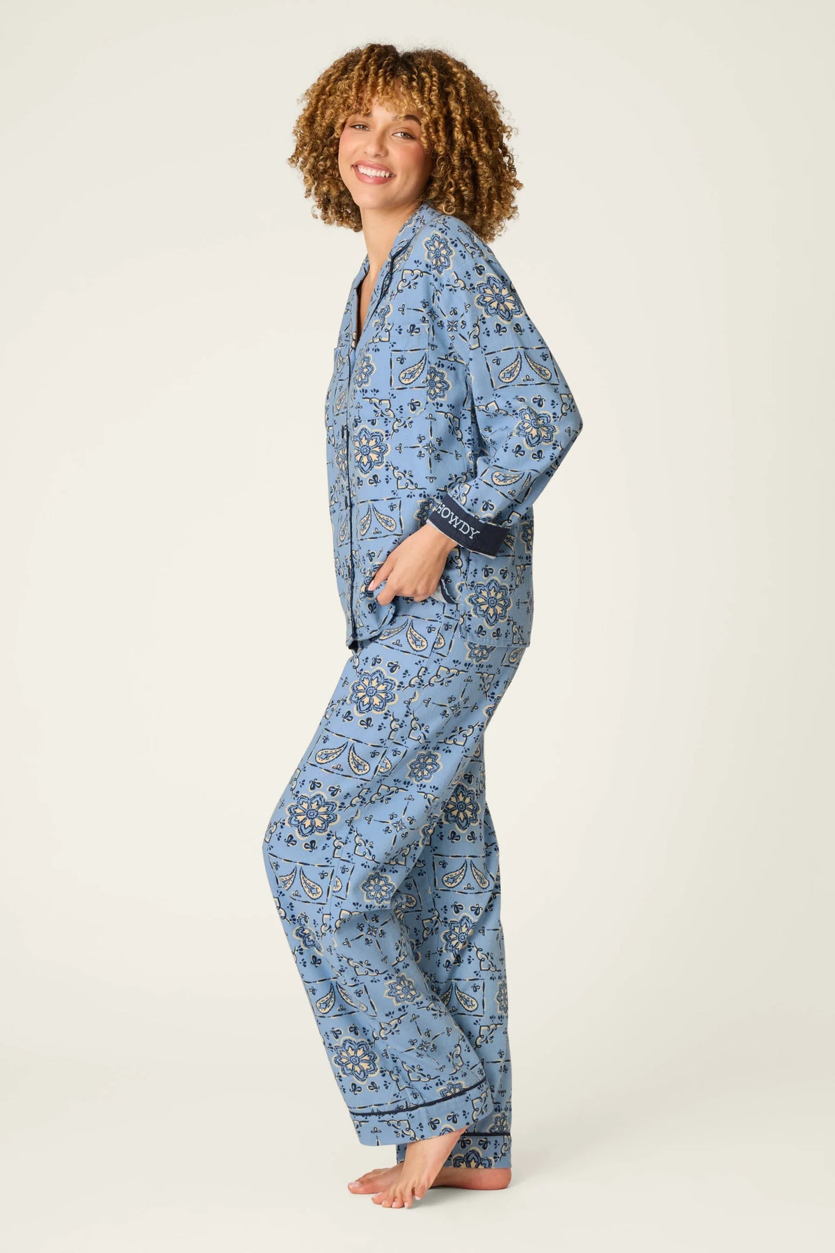 PJ Salvage Classic Paisley Bandana Flannel PJ Set model side view — Cloud Nine Pajamas Edmonton