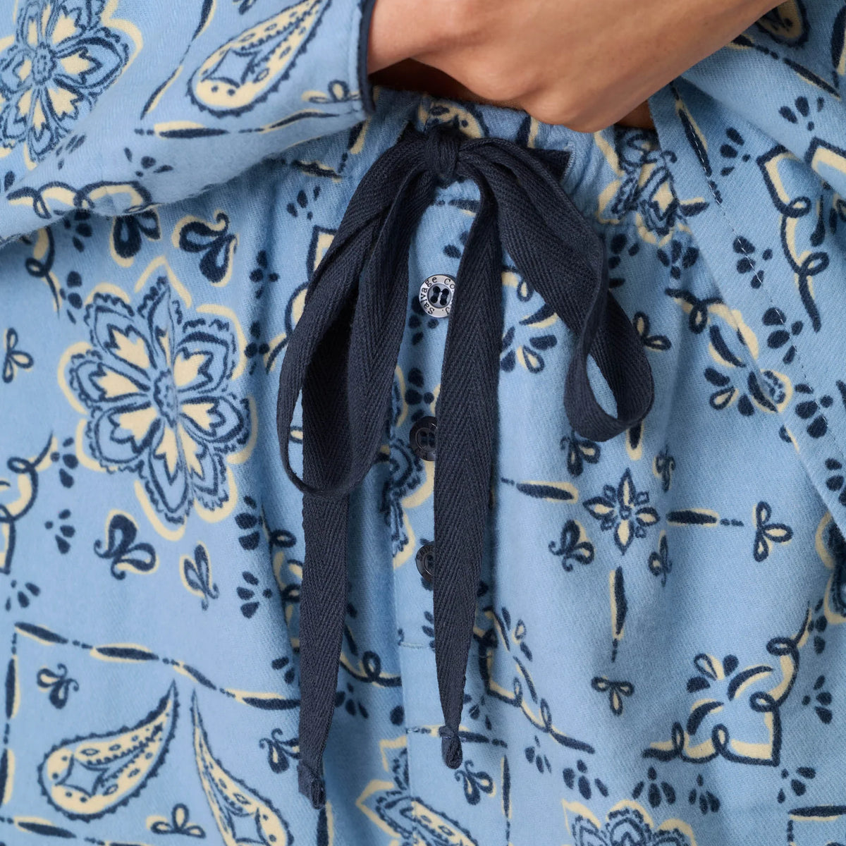 PJ Salvage Classic Paisley Bandana Flannel PJ Set faux button fly pants detail — Cloud Nine Pajamas