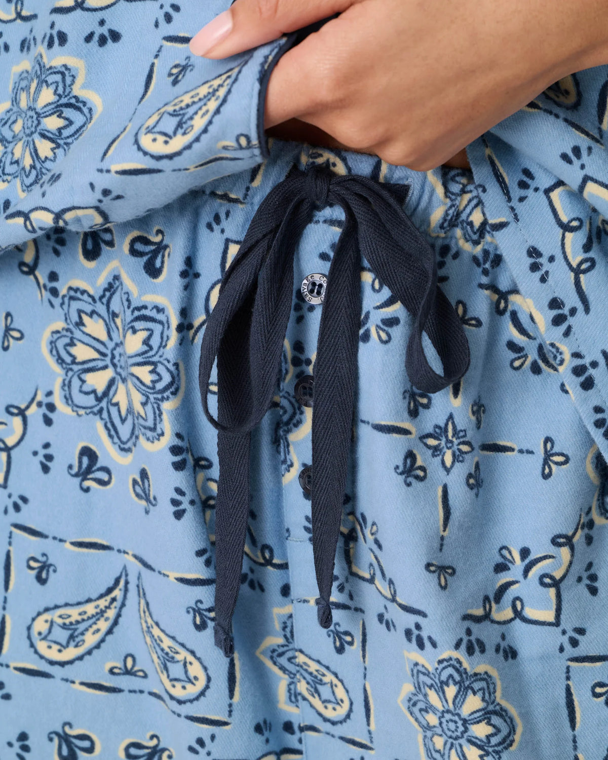 PJ Salvage Classic Paisley Bandana Flannel PJ Set faux button fly pants detail — Cloud Nine Pajamas