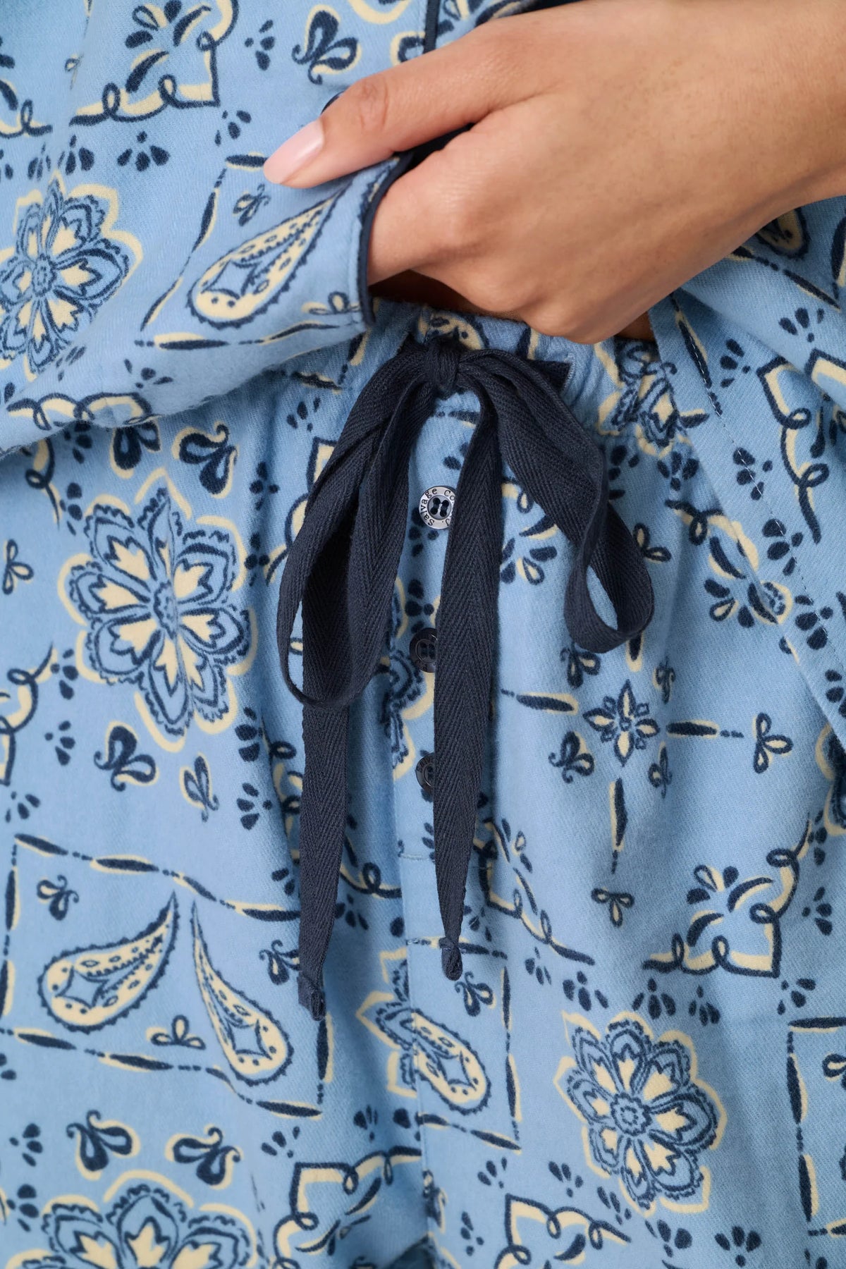 PJ Salvage Classic Paisley Bandana Flannel PJ Set faux button fly pants detail — Cloud Nine Pajamas