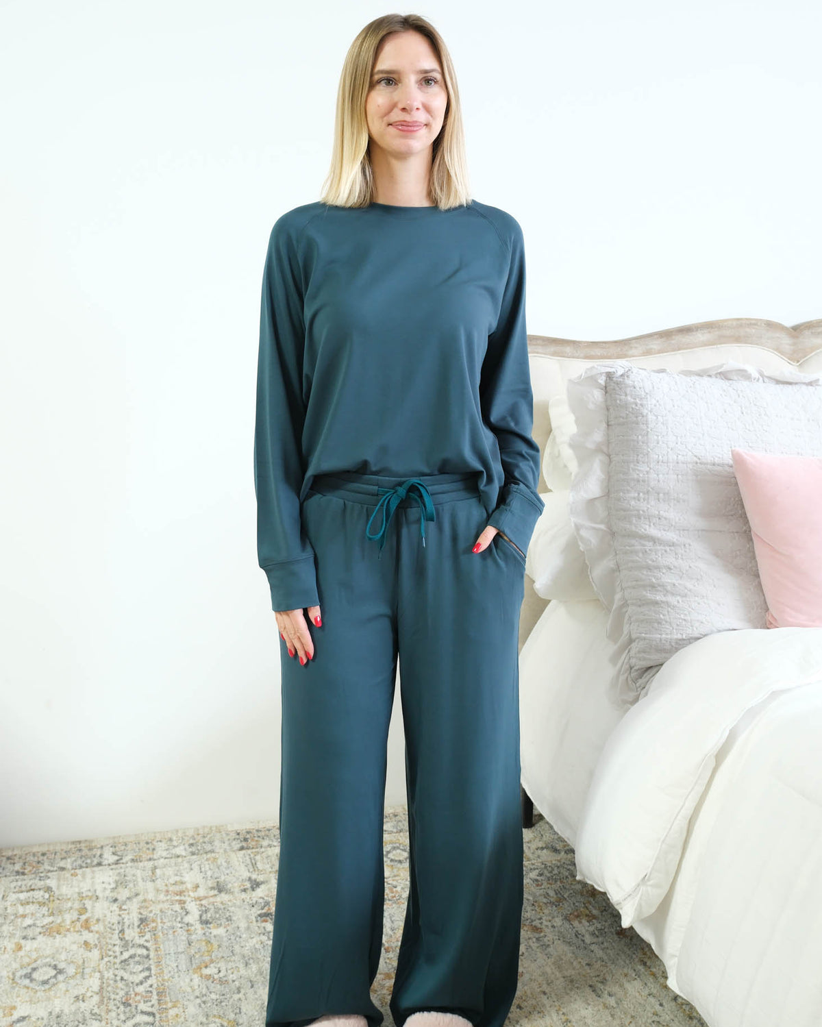 Miranda Nic Cloud Soft Teal Lounge Set model tucked front showing pocket — Cloud Nine Pajamas Edmonton