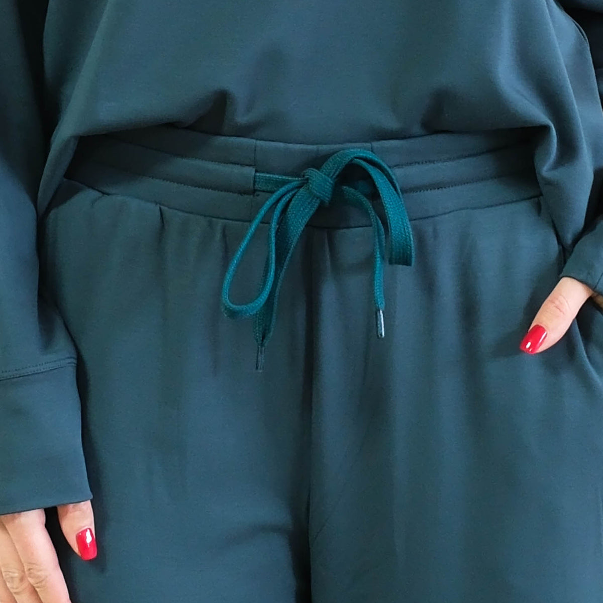 Miranda Nic Cloud Soft Teal Lounge Set waistband matching drawstring pocket close-up — Cloud Nine Pajamas Edmonton