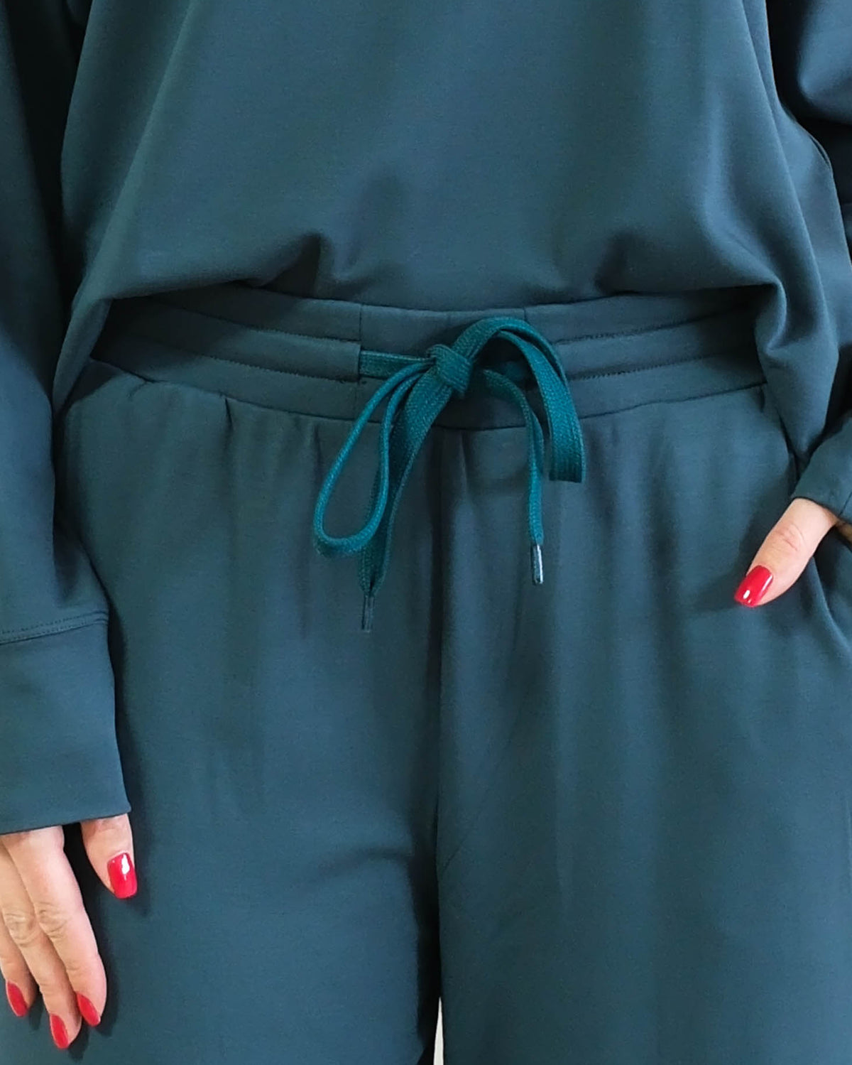 Miranda Nic Cloud Soft Teal Lounge Set waistband matching drawstring pocket close-up — Cloud Nine Pajamas Edmonton