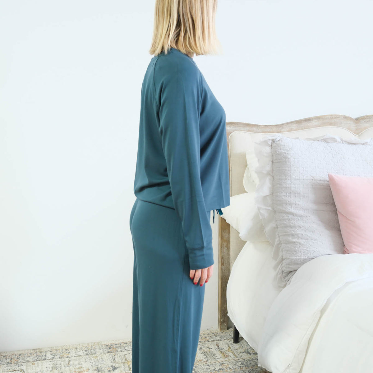 Miranda Nic Cloud Soft Teal Lounge Set side view raglan top raw edge hem length — Cloud Nine Pajamas Edmonton