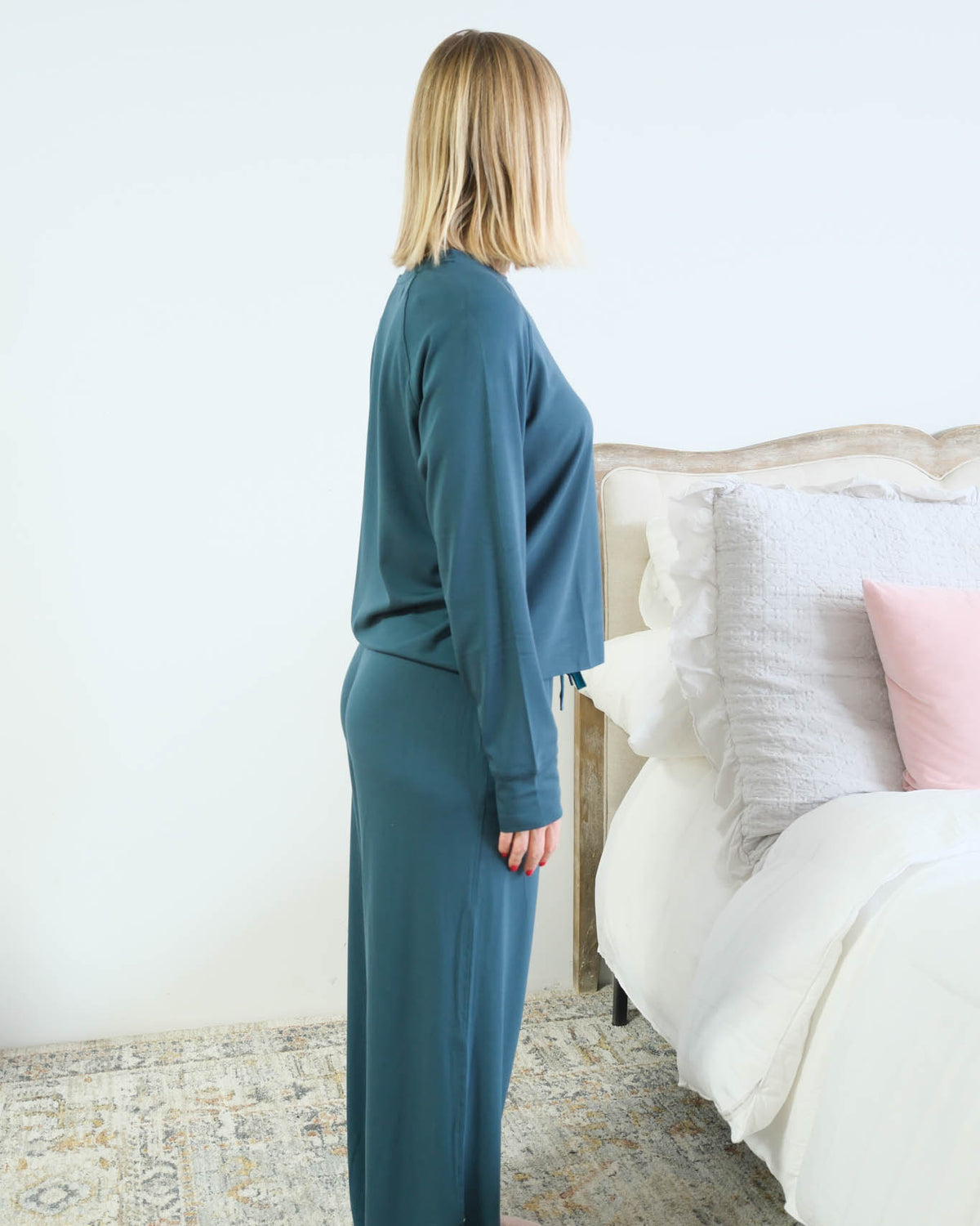 Miranda Nic Cloud Soft Teal Lounge Set side view raglan top raw edge hem length — Cloud Nine Pajamas Edmonton