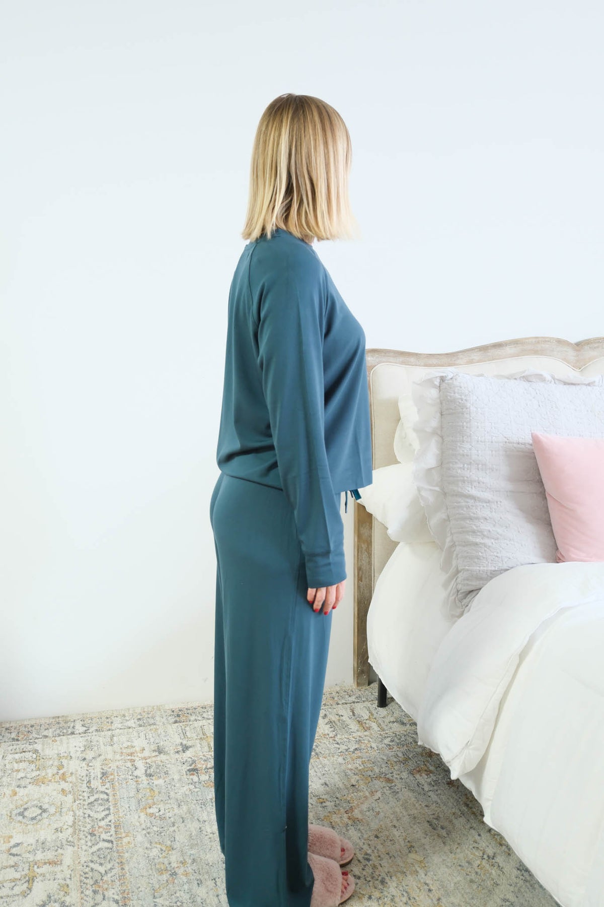 Miranda Nic Cloud Soft Teal Lounge Set side view raglan top raw edge hem length — Cloud Nine Pajamas Edmonton