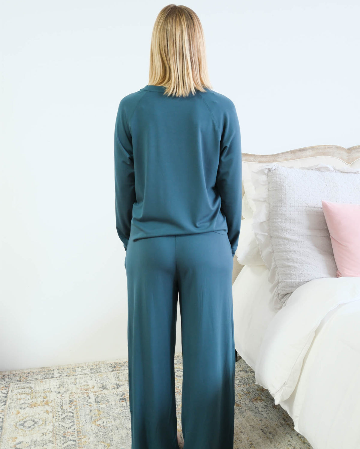 Miranda Nic Cloud Soft Teal Bamboo Lounge Set back view — Cloud Nine Pajamas Edmonton