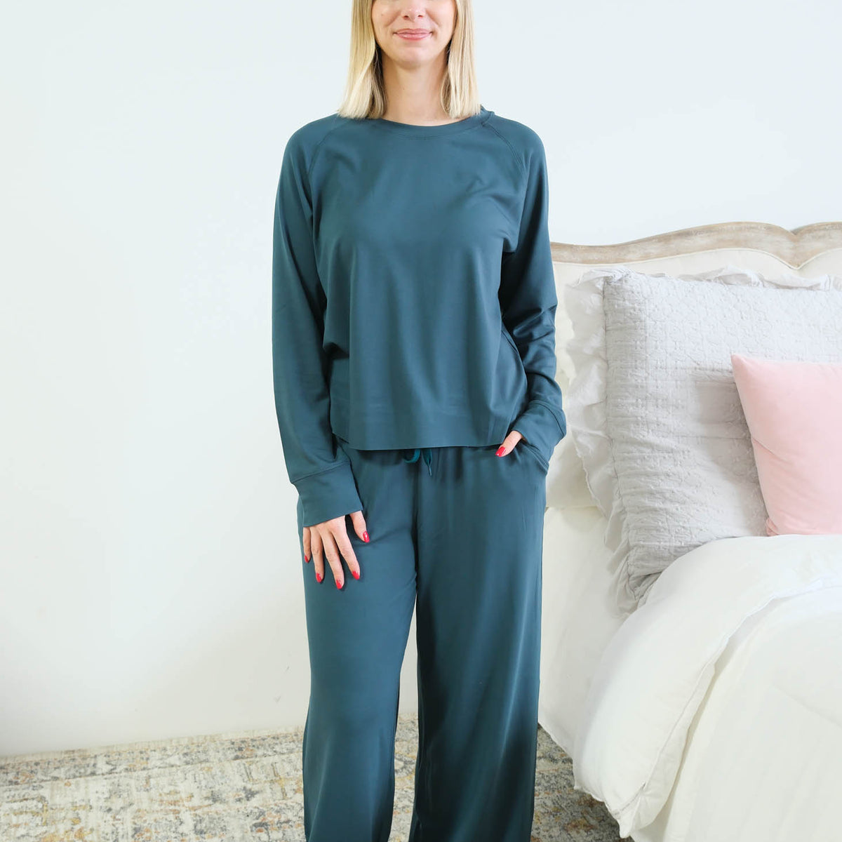 Miranda Nic Cloud Soft Raw Edge Bamboo Lounge Set Teal front view raw hem detail — Cloud Nine Pajamas Edmonton