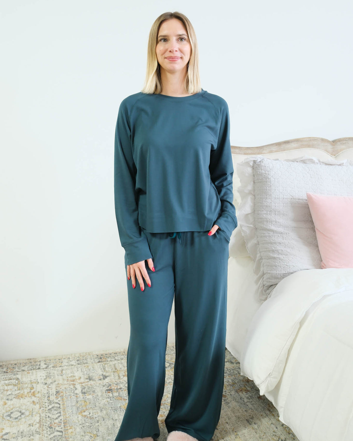 Miranda Nic Cloud Soft Raw Edge Bamboo Lounge Set Teal front view raw hem detail — Cloud Nine Pajamas Edmonton