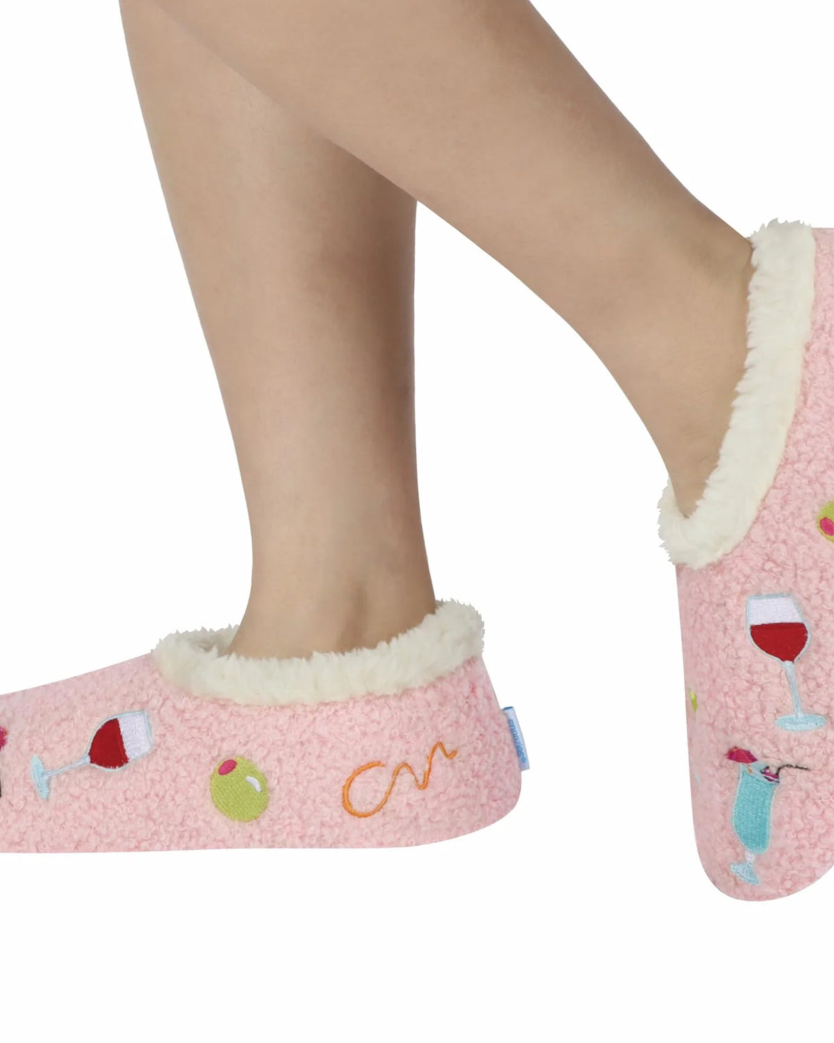 Snoozies Mini Embroidery Slipper Socks Mini Cocktails lifestyle on feet — Cloud Nine Pajamas Edmonton