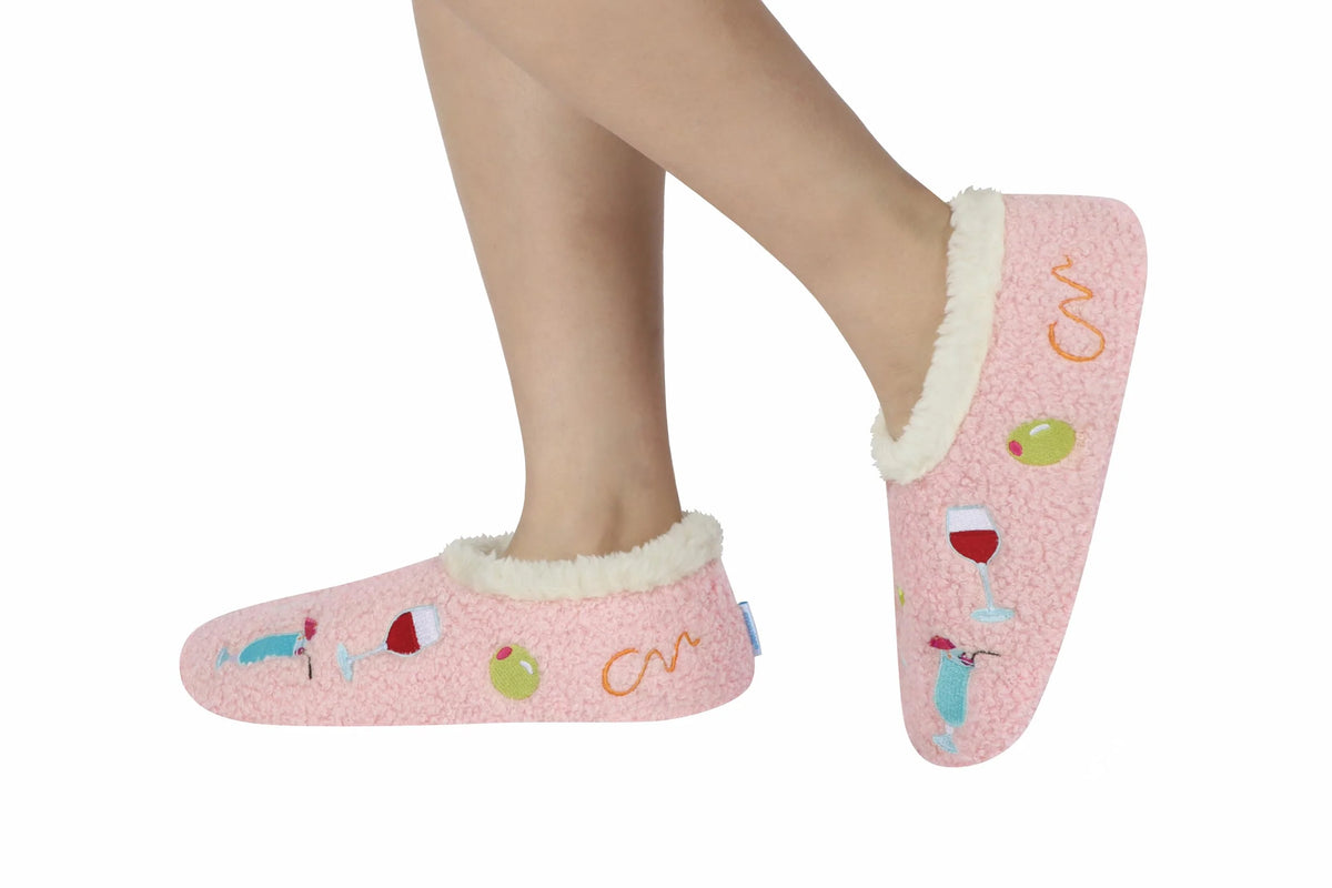 Snoozies Mini Embroidery Slipper Socks Mini Cocktails lifestyle on feet — Cloud Nine Pajamas Edmonton