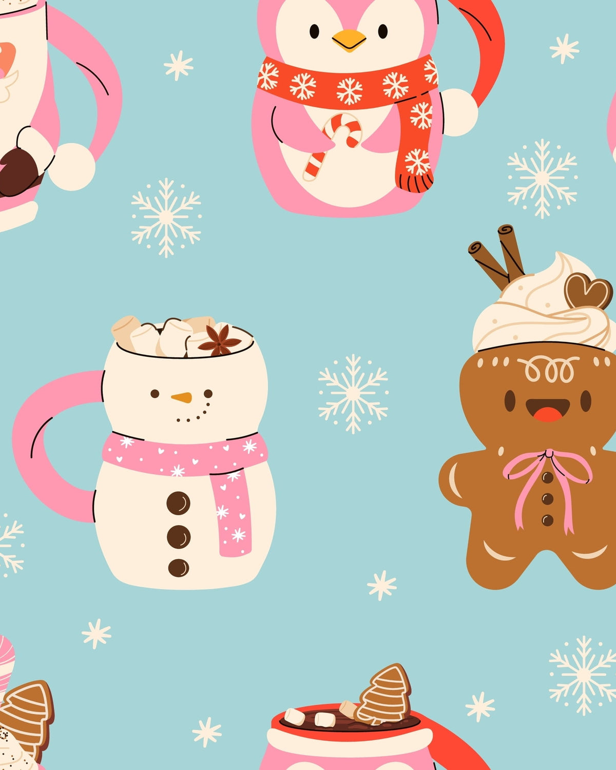 Miranda Nic Coffee and Cocoa blue velour fabric swatch with brown, pink and white holiday mugs like santa, snowman, gingerbread cookies — Cloud Nine Pajamas Edmonton