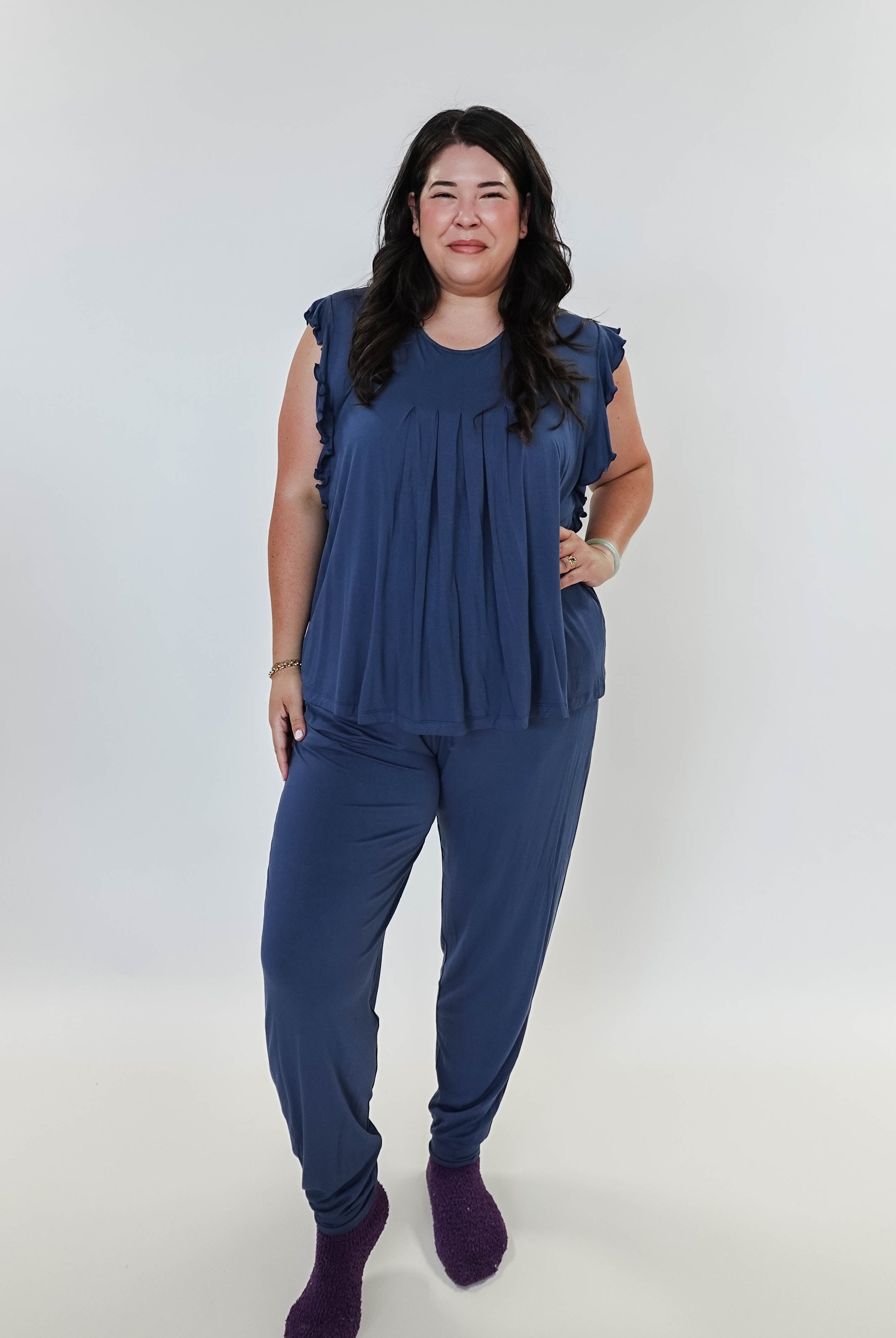 Denim Flutter Jogger Lounge PJ Set Bamboo women's denim blue lightweight bamboo loungewear set top and jogger Georgia Rylan
