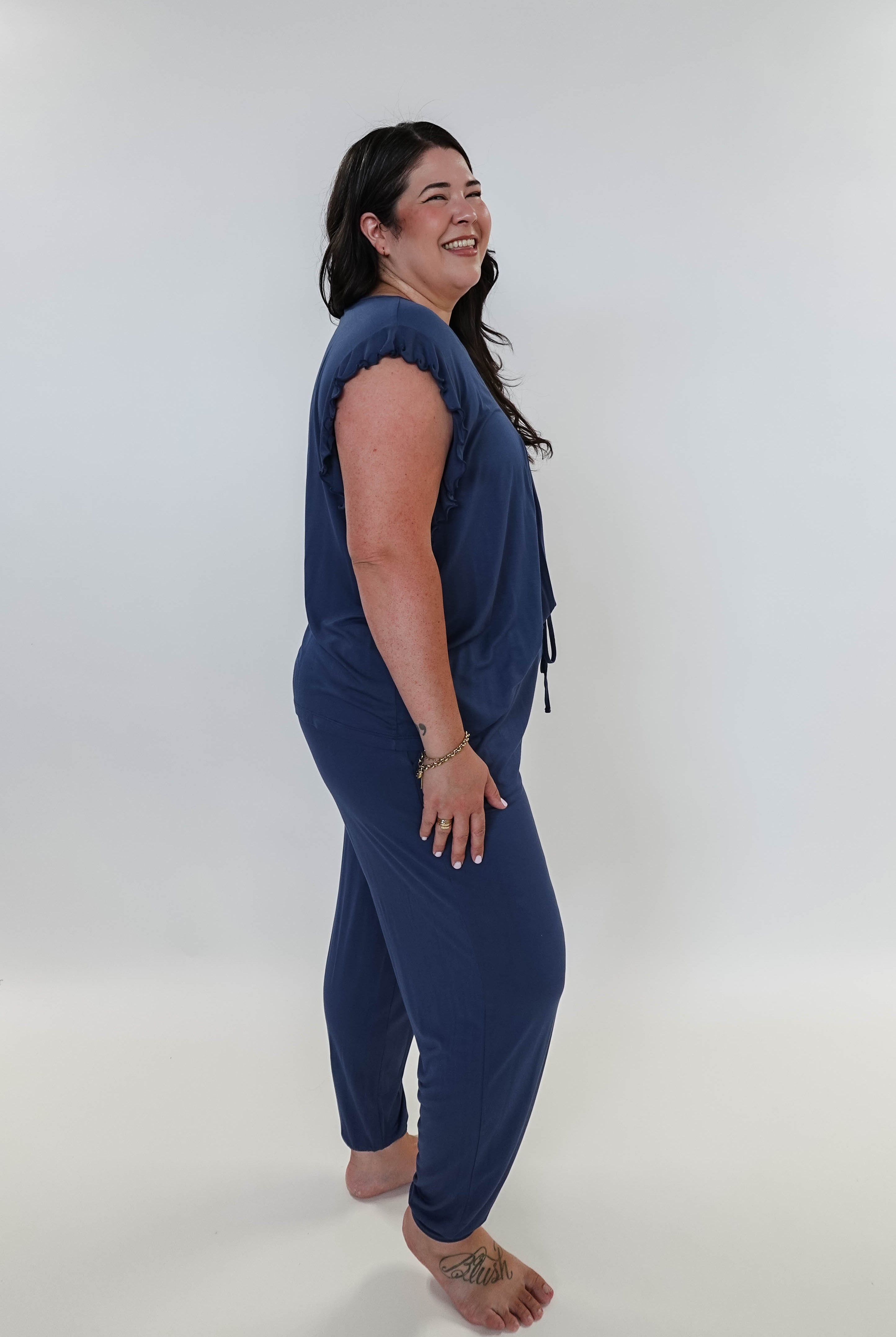 Denim Flutter Jogger Lounge PJ Set Bamboo women's denim blue lightweight bamboo loungewear set top and jogger Georgia Rylan