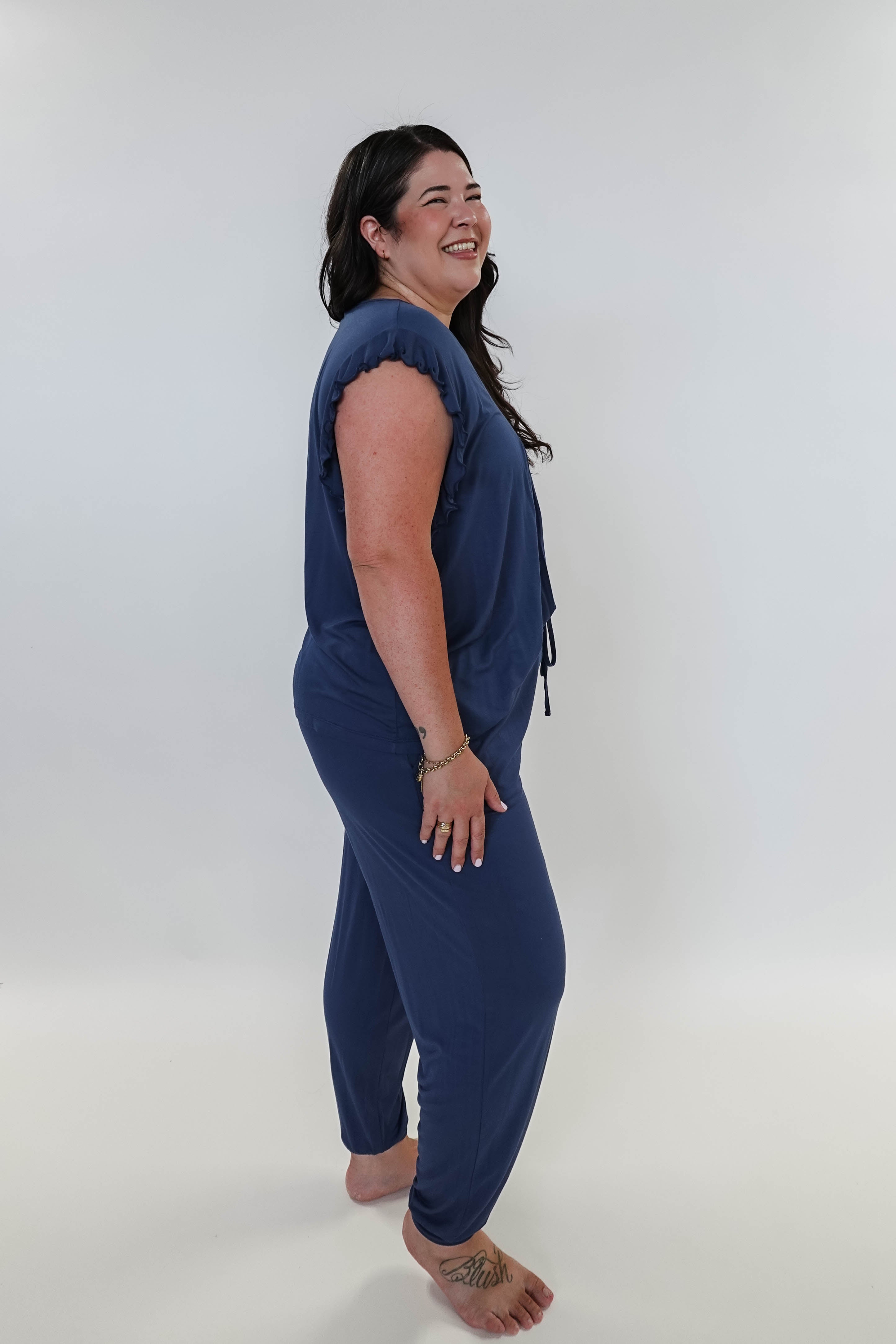 Denim Flutter Jogger Lounge PJ Set Bamboo women's denim blue lightweight bamboo loungewear set top and jogger Georgia Rylan