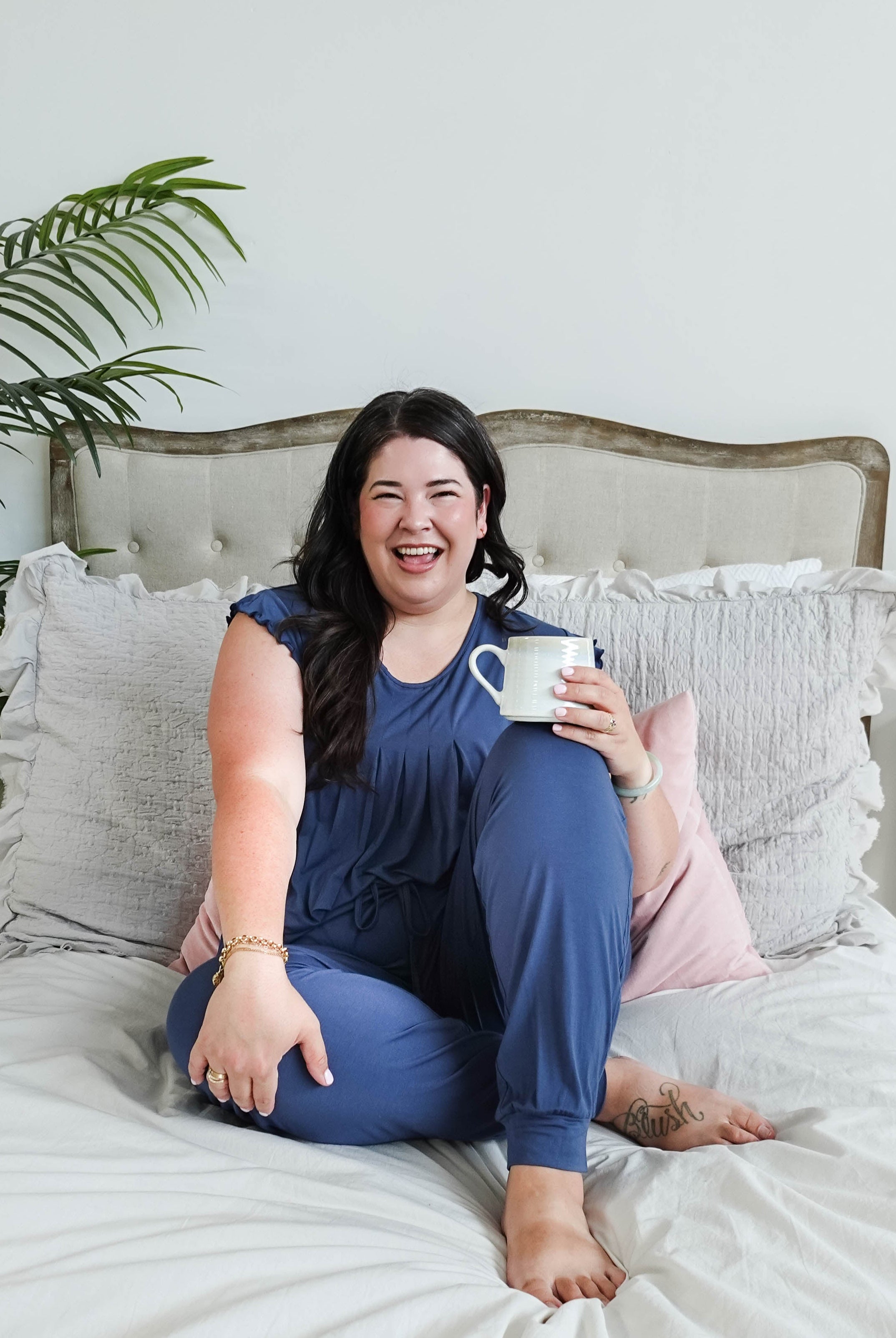 Denim Flutter Jogger Lounge PJ Set Bamboo women's denim blue lightweight bamboo loungewear set top and jogger Georgia Rylan