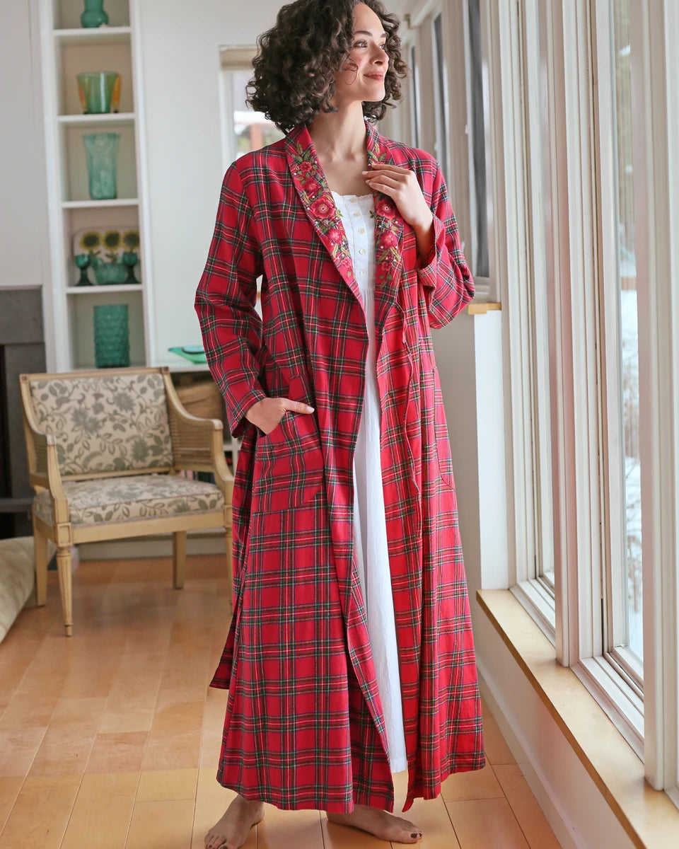 April Cornell Fireside Red Plaid Flannel Dressing Gown front view on model — Cloud Nine Pajamas Edmonton