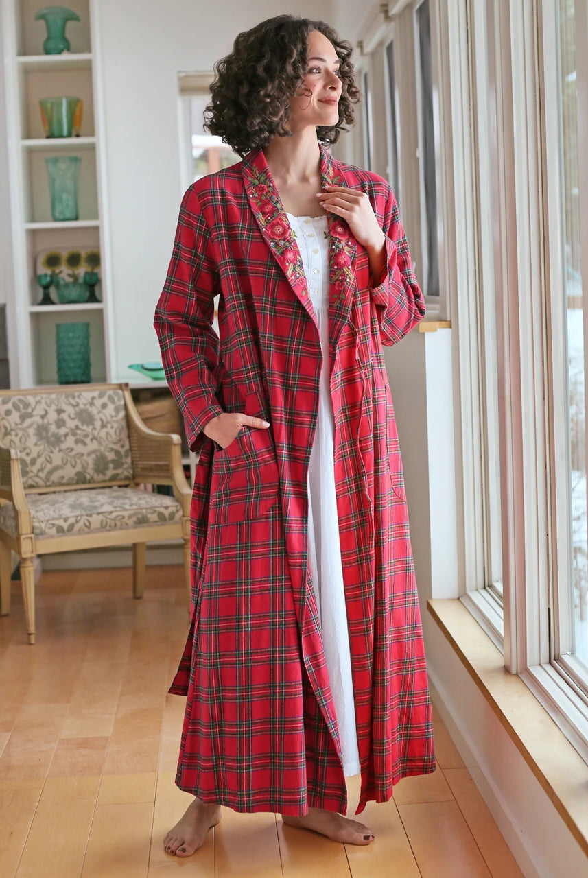 April Cornell Fireside Red Plaid Flannel Dressing Gown front view on model — Cloud Nine Pajamas Edmonton