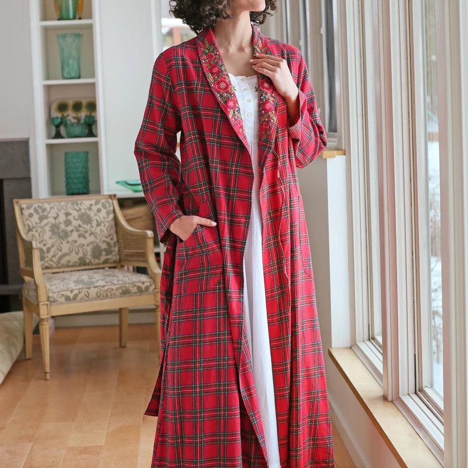 April Cornell Fireside Red Plaid Flannel Dressing Gown front view on model — Cloud Nine Pajamas Edmonton