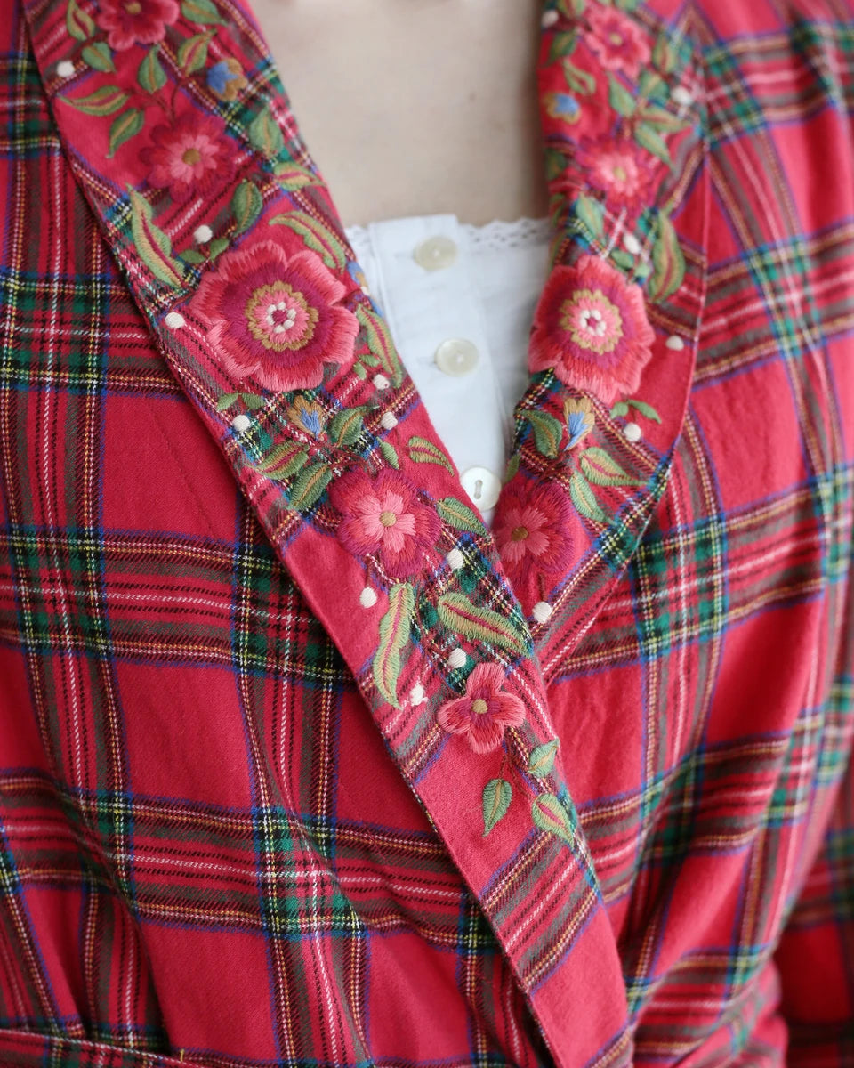 April Cornell Fireside Robe hand-guided floral embroidery lapel detail — Cloud Nine Pajamas