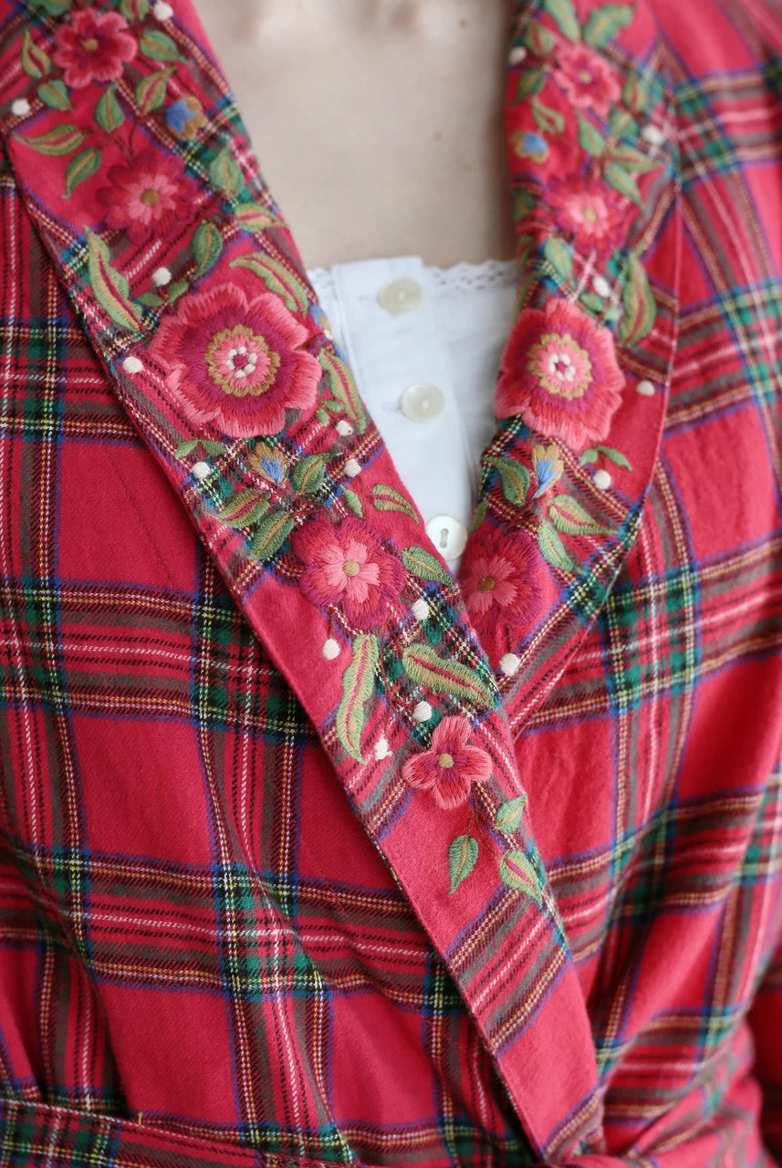 April Cornell Fireside Robe hand-guided floral embroidery lapel detail — Cloud Nine Pajamas