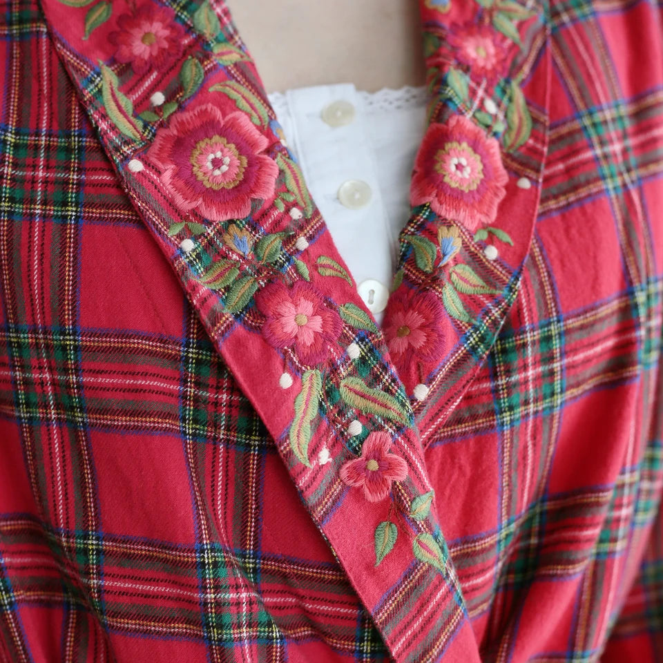 April Cornell Fireside Robe hand-guided floral embroidery lapel detail — Cloud Nine Pajamas