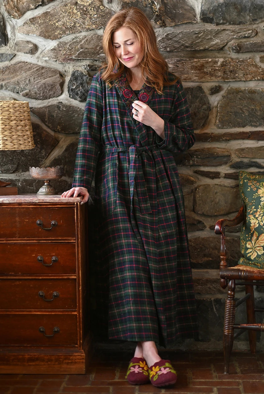 April Cornell Saratoga Blue Plaid Flannel Robe Dressing Gown front view on model — Cloud Nine Pajamas Edmonton