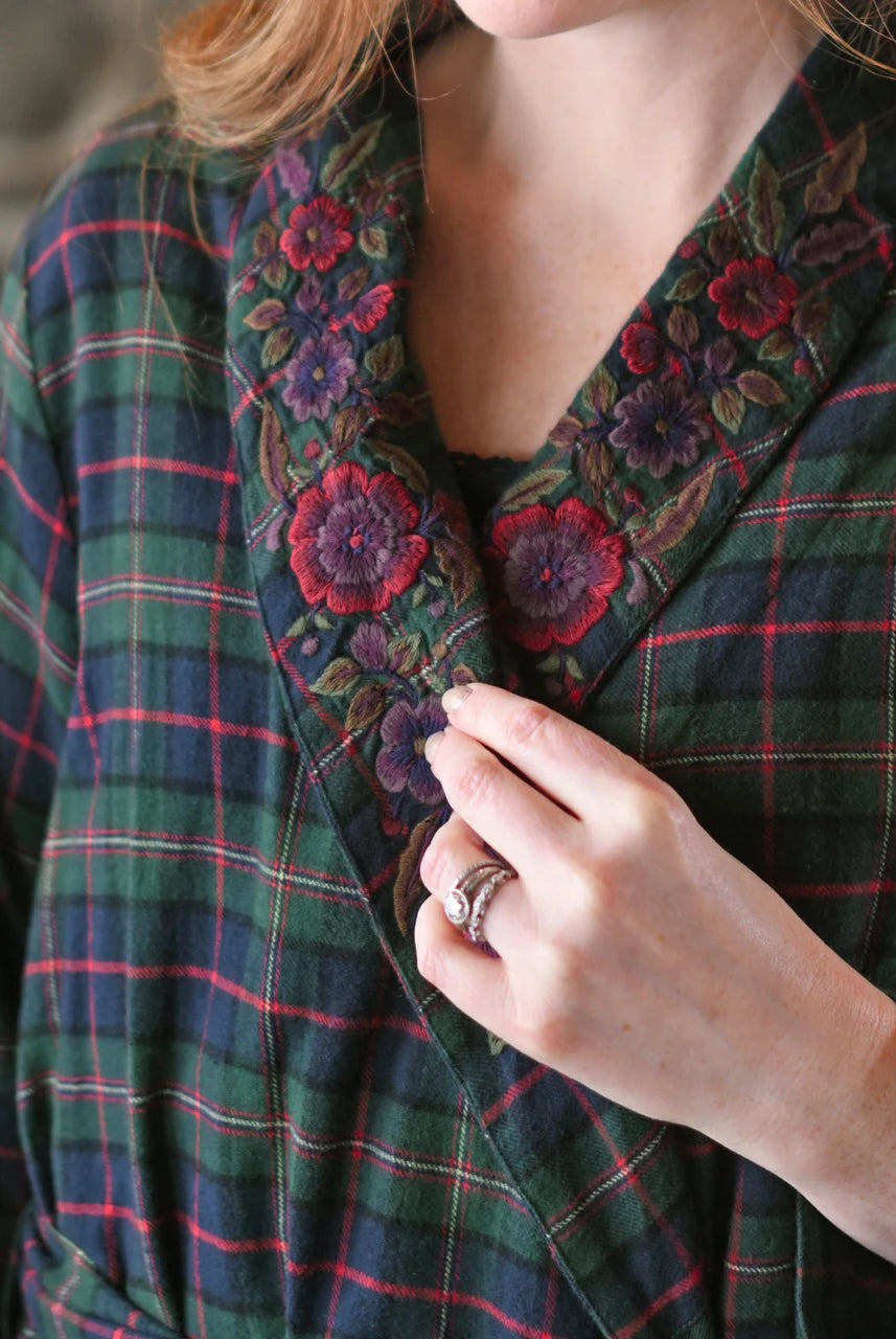April Cornell Saratoga Dressing Gown hand-guided floral embroidery lapel detail — Cloud Nine Pajamas