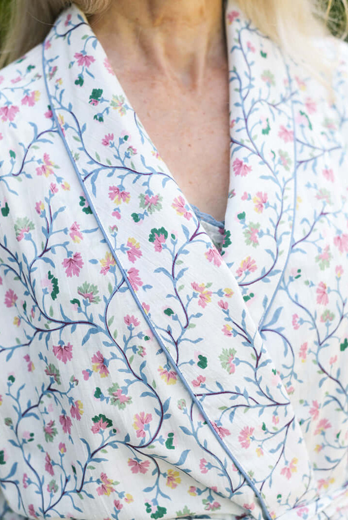 April Cornell Chelsea Cotton Dressing Gown – Victorian Embroidered White Robe with Pockets showing closeup of floral pattern details