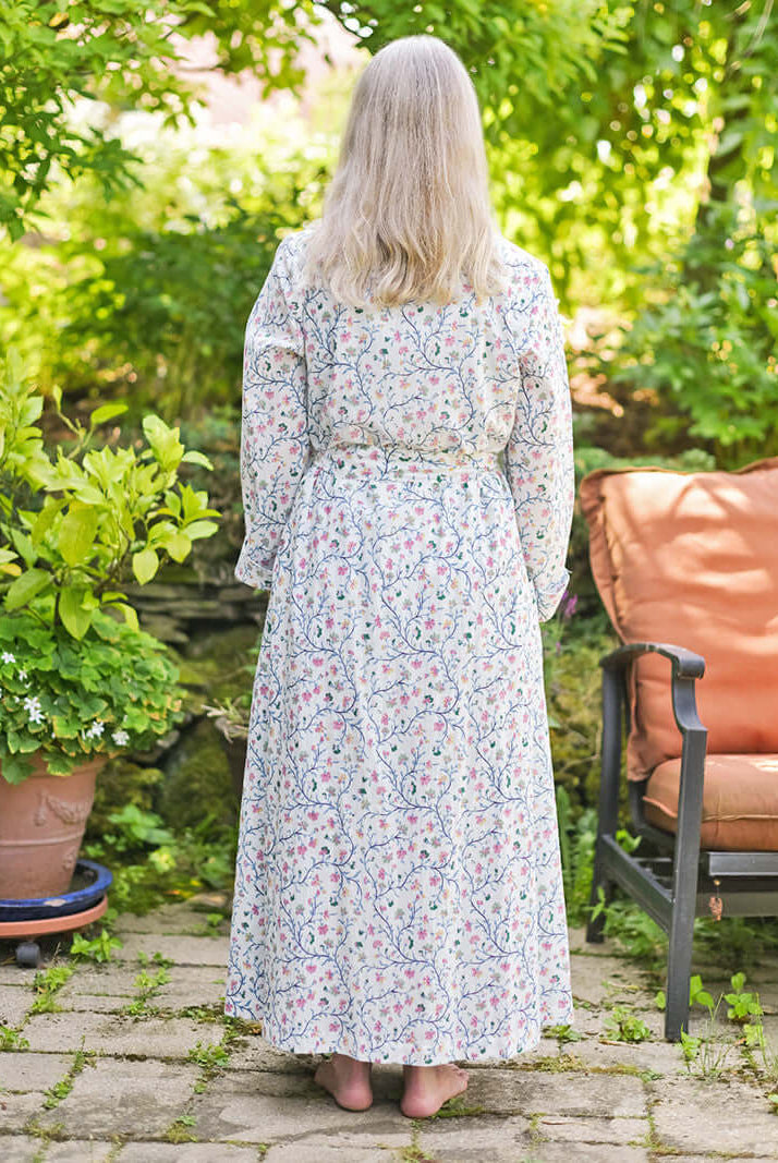 April Cornell Chelsea Cotton Dressing Gown – Victorian Embroidered White Robe with Pockets showing back and length of the housecoat