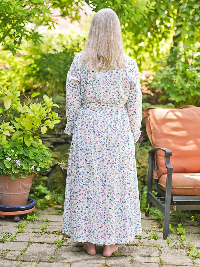 April Cornell Chelsea Cotton Dressing Gown – Victorian Embroidered White Robe with Pockets showing back and length of the housecoat