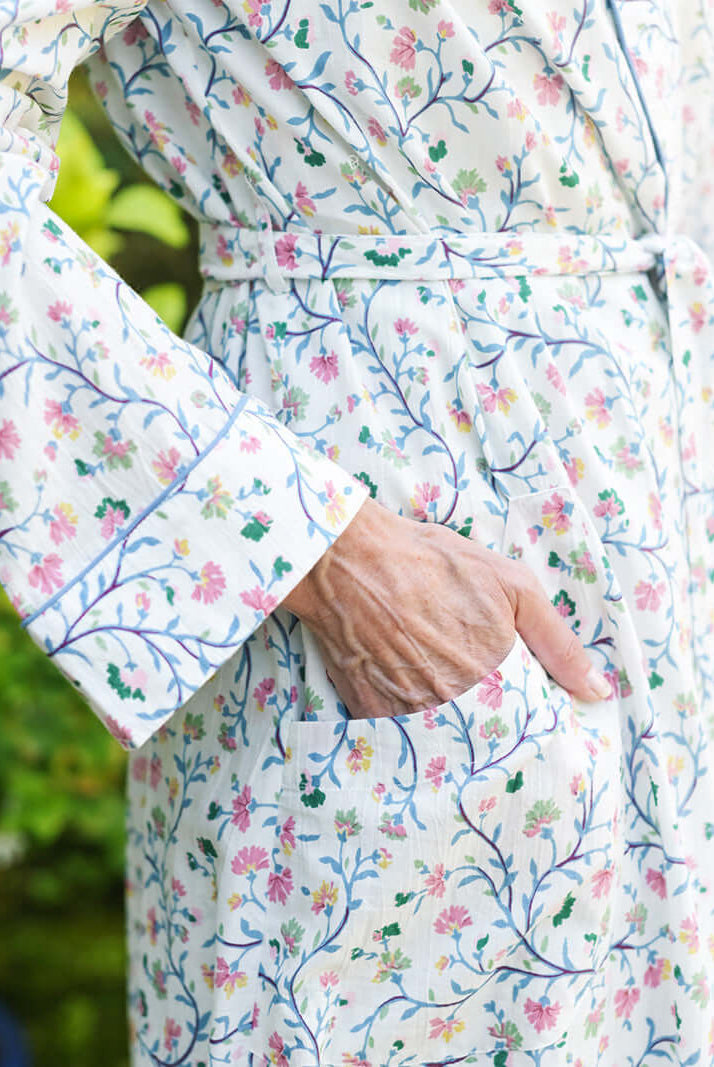 April Cornell Chelsea Cotton Dressing Gown – Victorian Embroidered White Robe with Pockets showing the deep side slit pockets