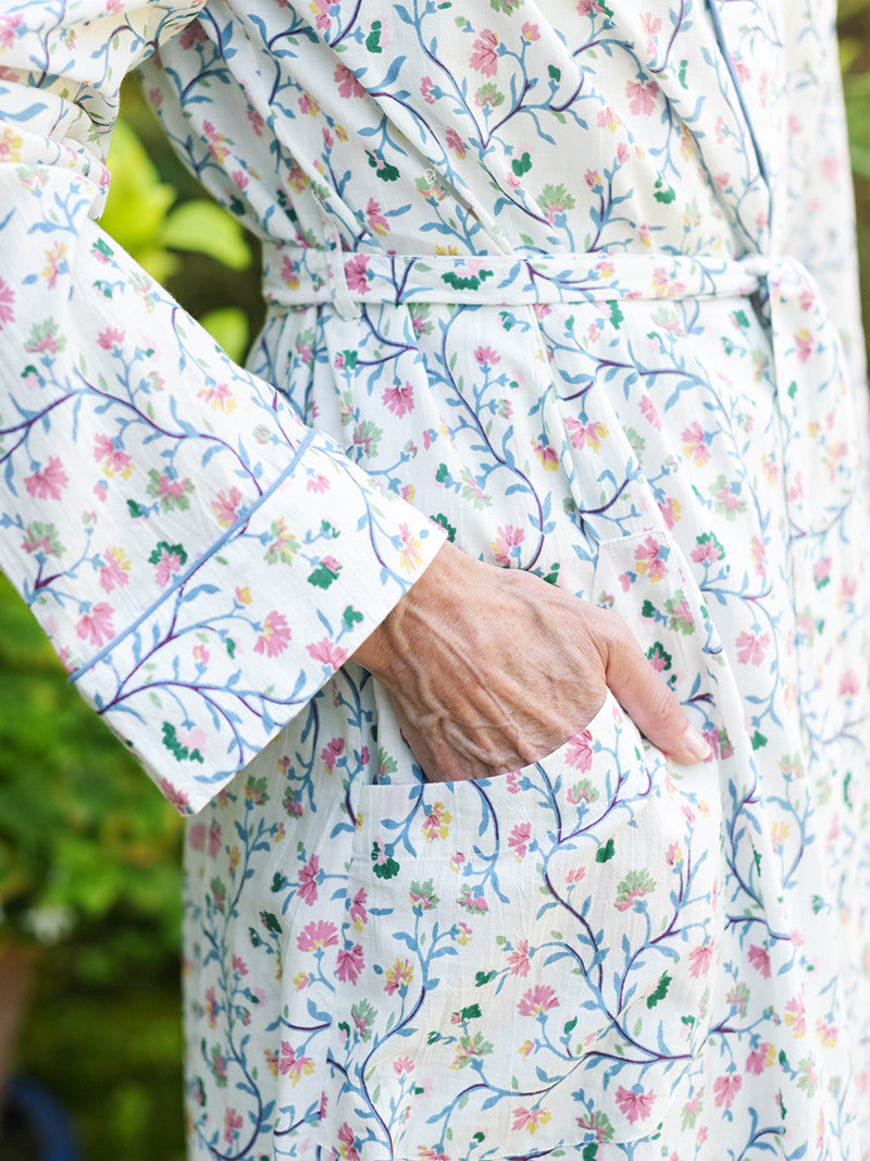 April Cornell Chelsea Cotton Dressing Gown – Victorian Embroidered White Robe with Pockets showing the deep side slit pockets