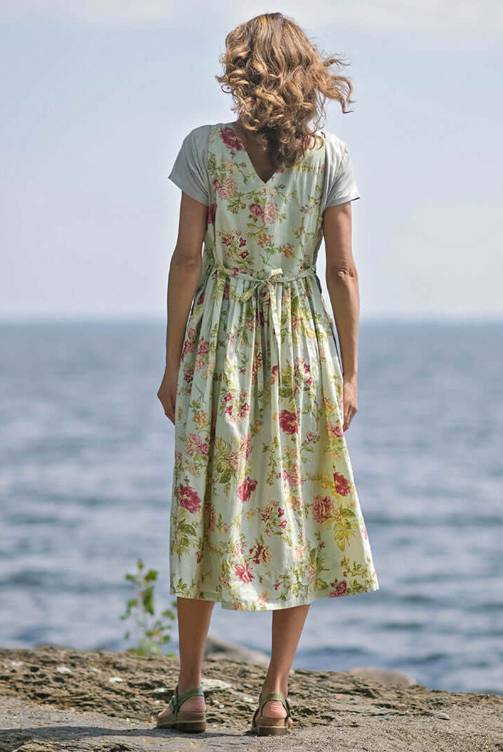 April Cornell Milene Cotton Pinafore Midi Dress Sage Green with Hand-Crochet Neckline showing back and tie details