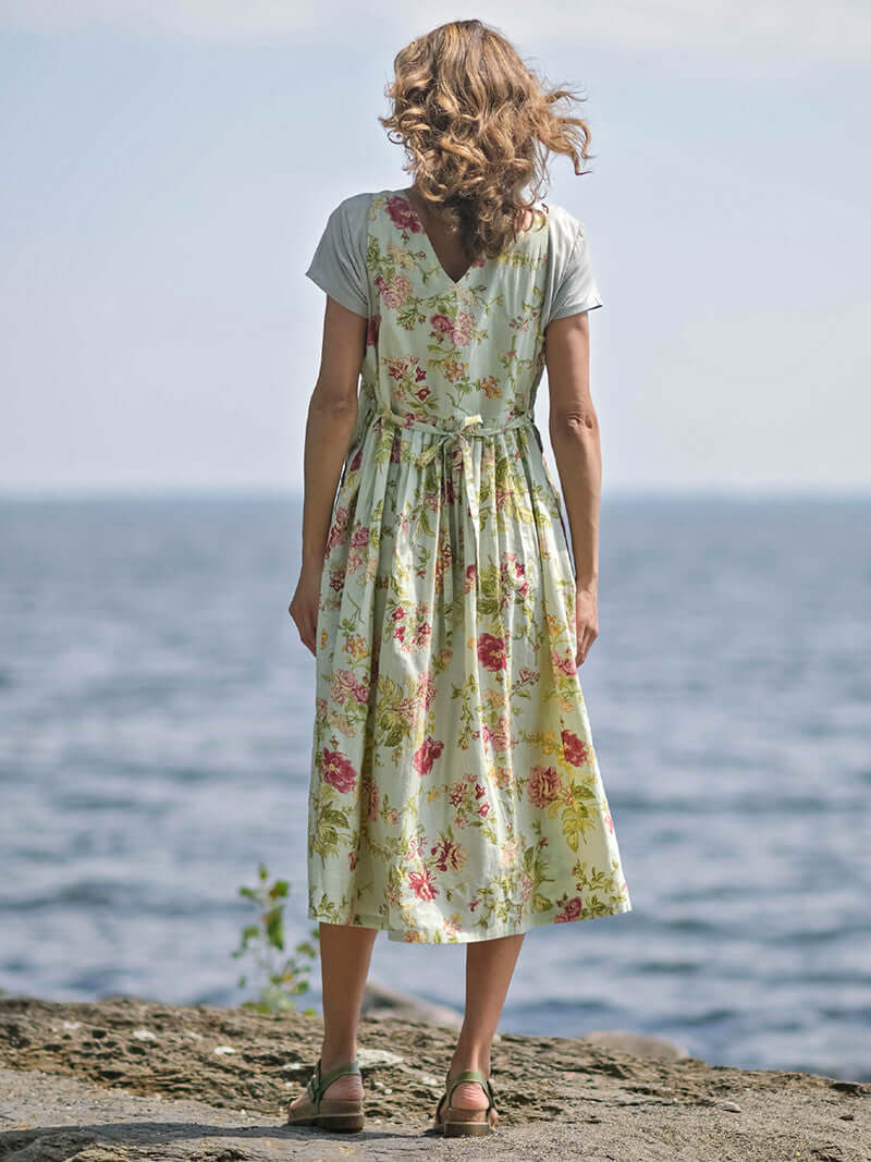 April Cornell Milene Cotton Pinafore Midi Dress Sage Green with Hand-Crochet Neckline showing back and tie details